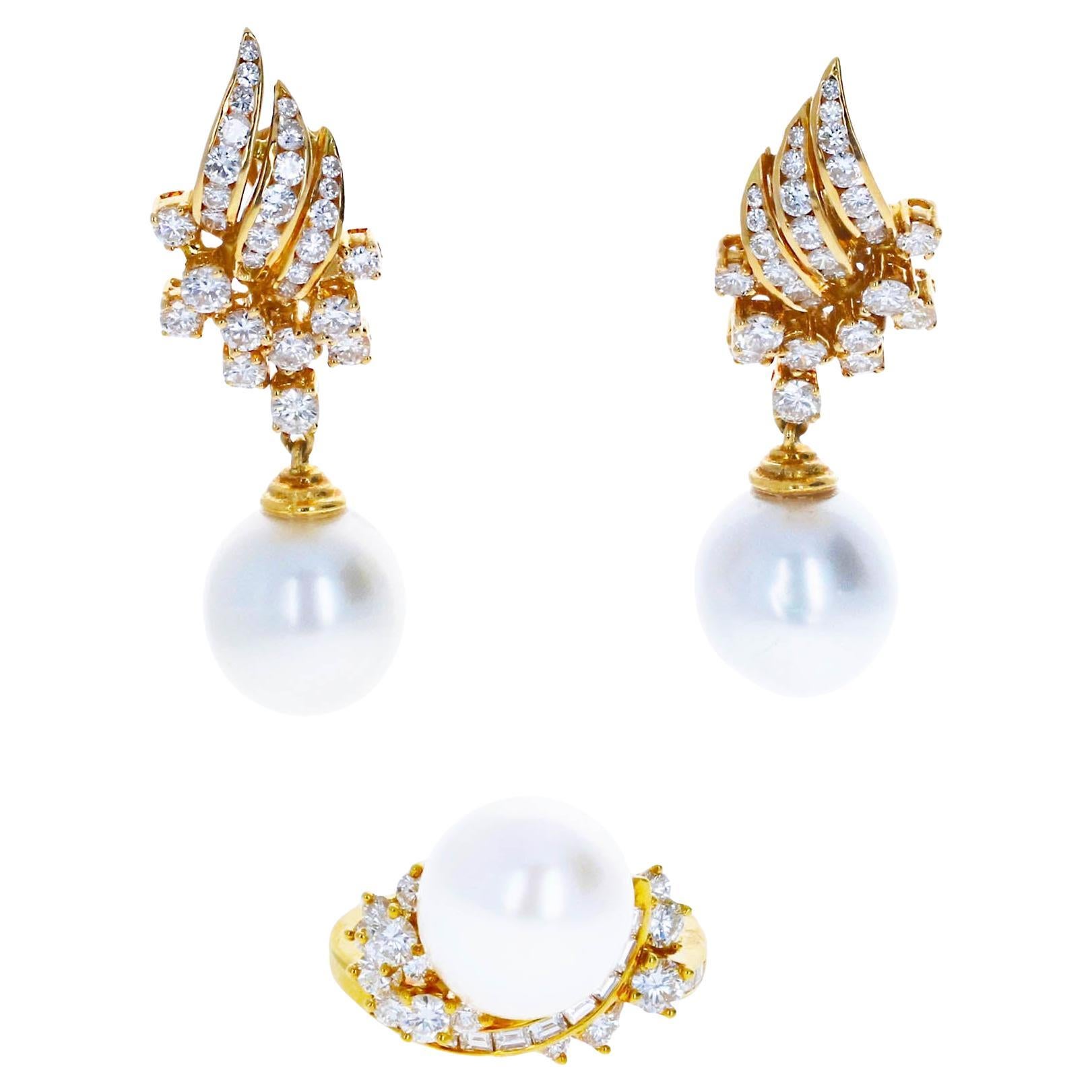 Pearl and Diamond Earrings and Cocktail Ring Set