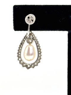 Platinum Diamond and Pearl Teardrop Earrings  Edwardian Revival Style