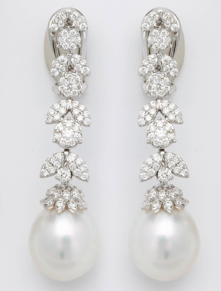 Round Cut Pearl and Diamond Earrings For Sale