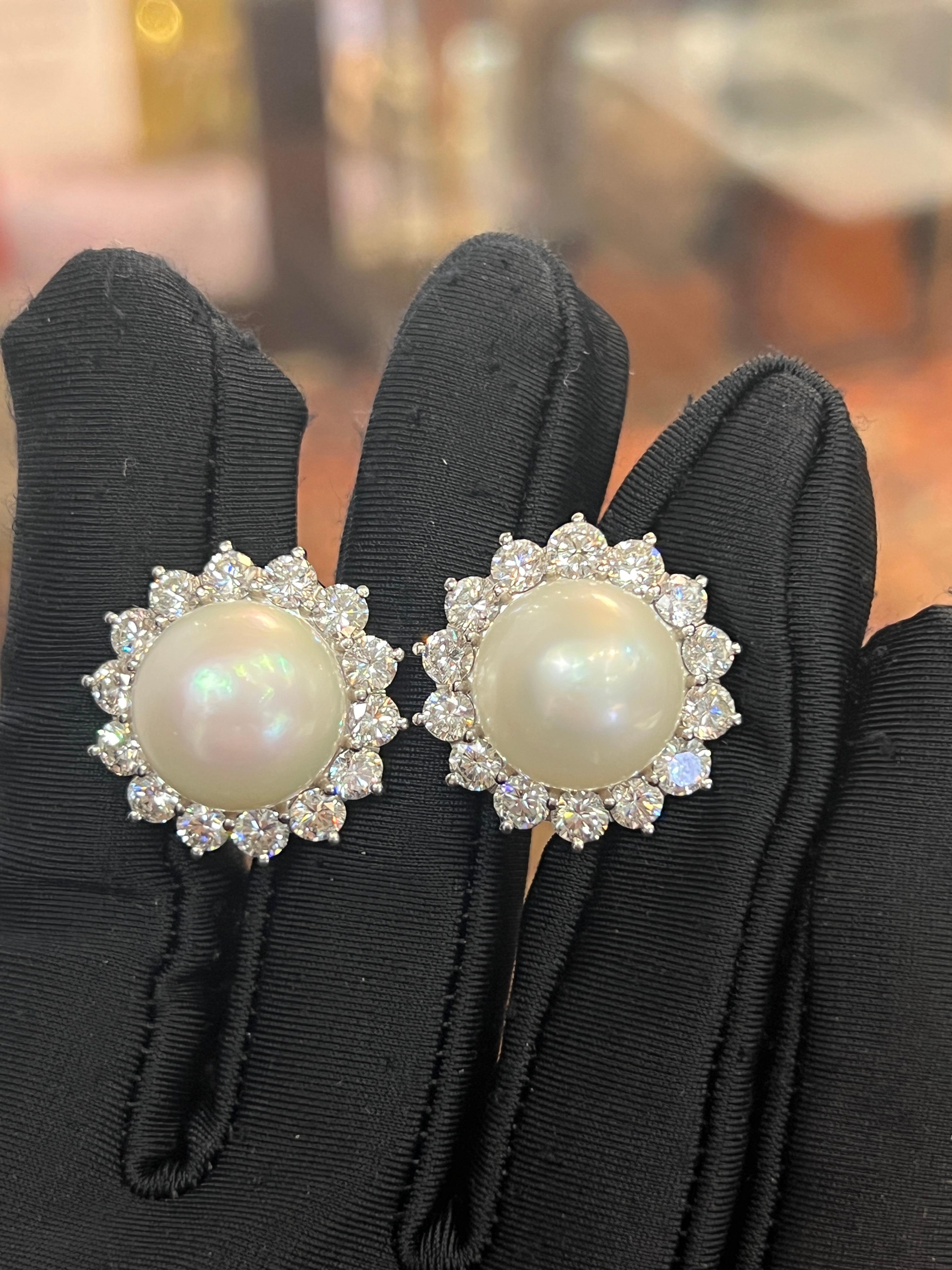 Round Cut Pearl and Diamond Earrings For Sale
