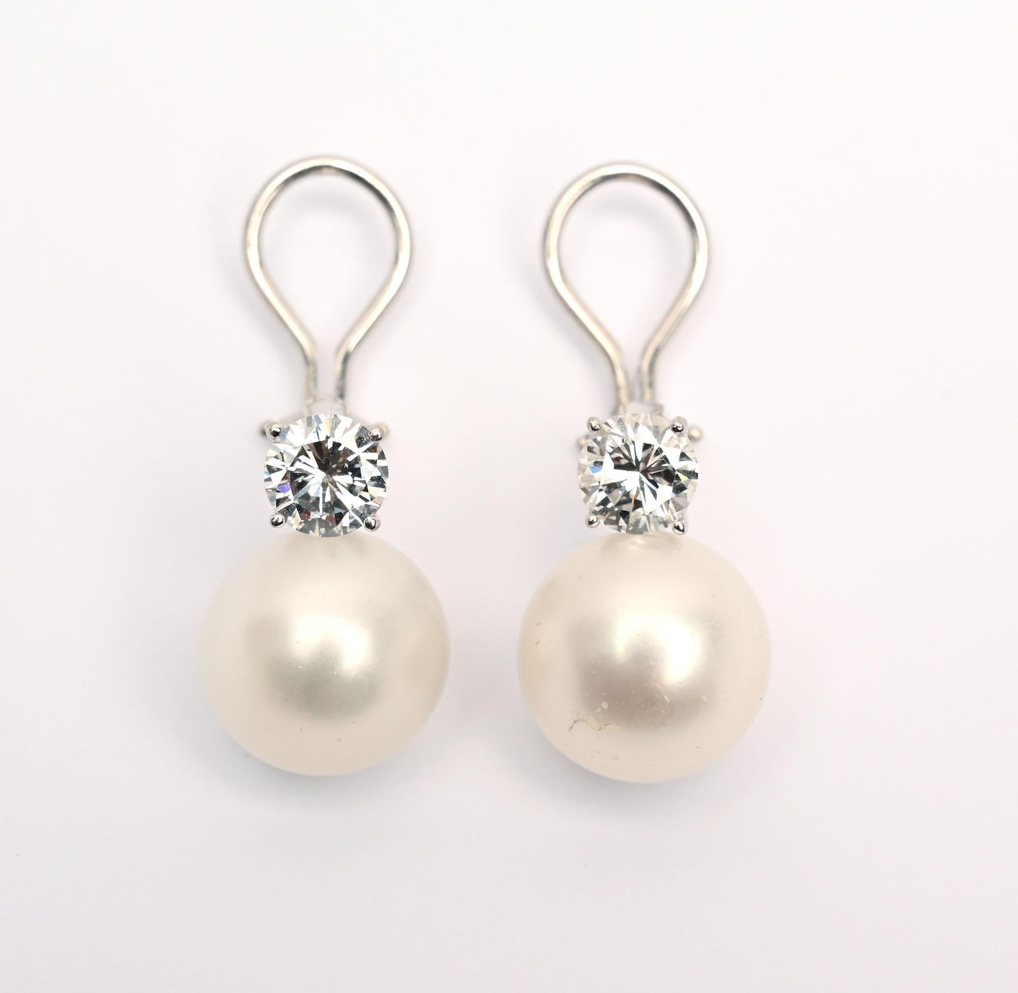 Round Cut Pearl and Diamond Earrings For Sale