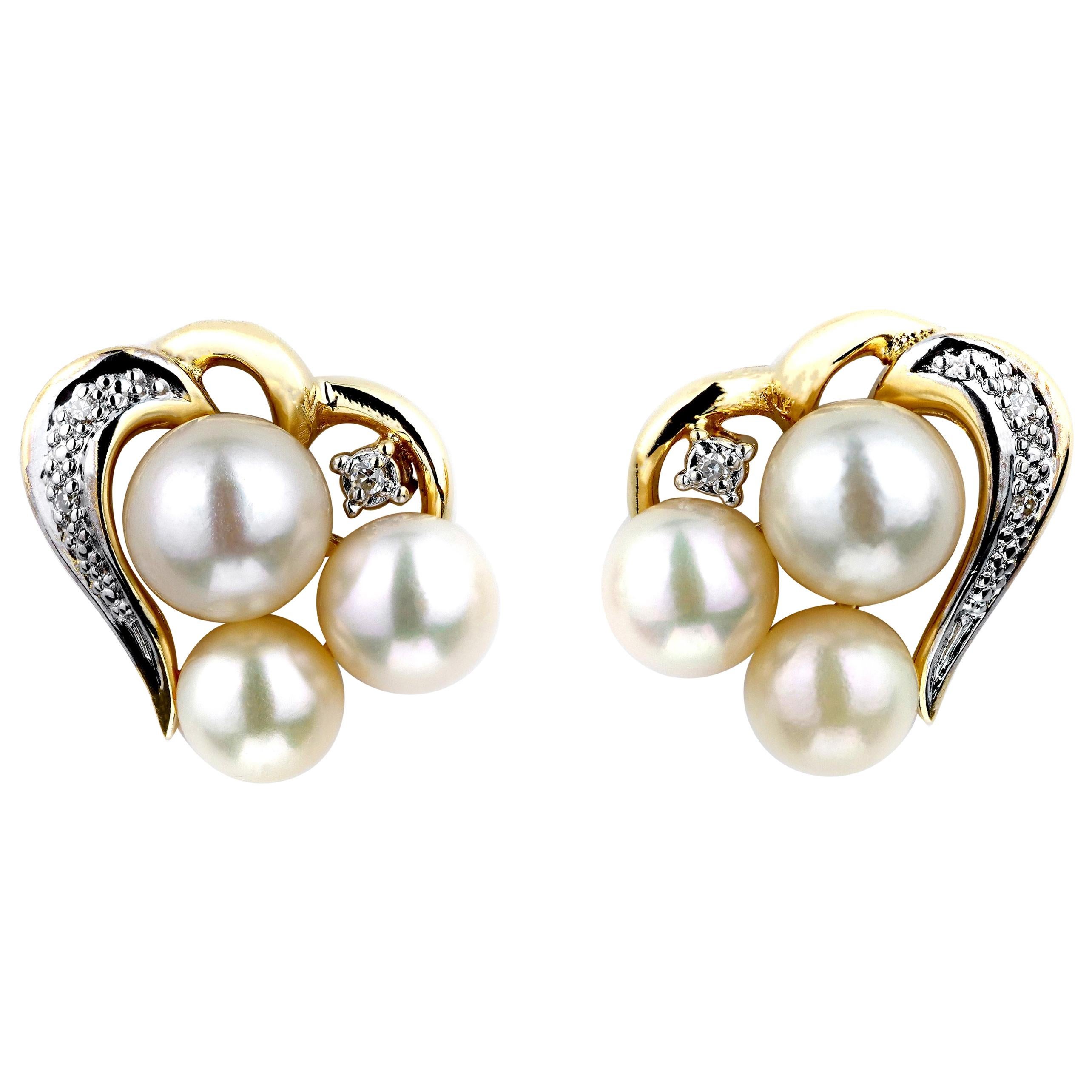 Pearl and Diamond Heart/Love Earrings in 18 Carat Gold For Sale