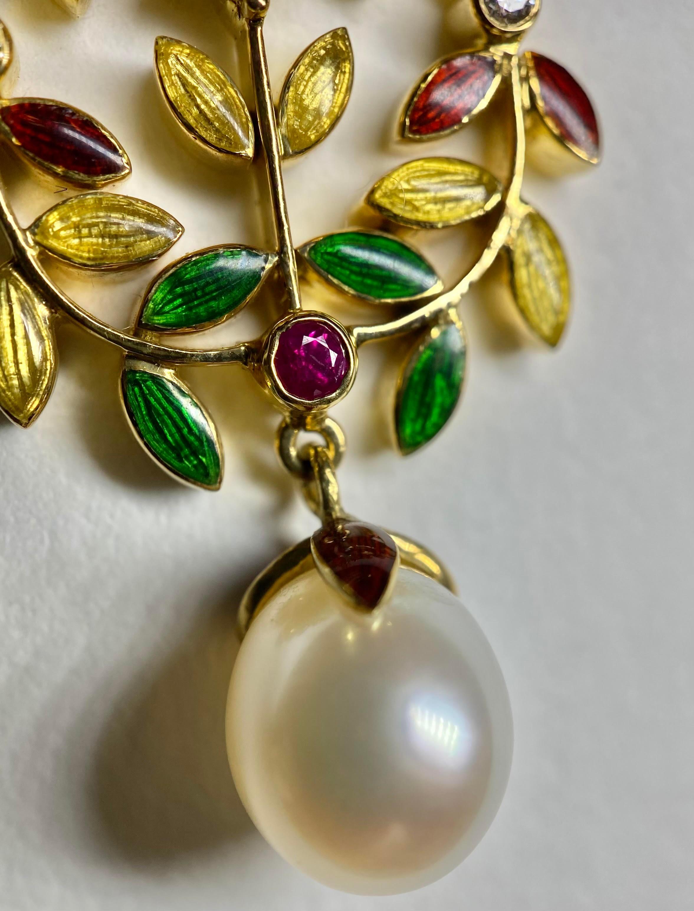 Women's Pearl and Diamond Earrings with Red, Yellow, and Green Enamel in 18 Karat Gold For Sale