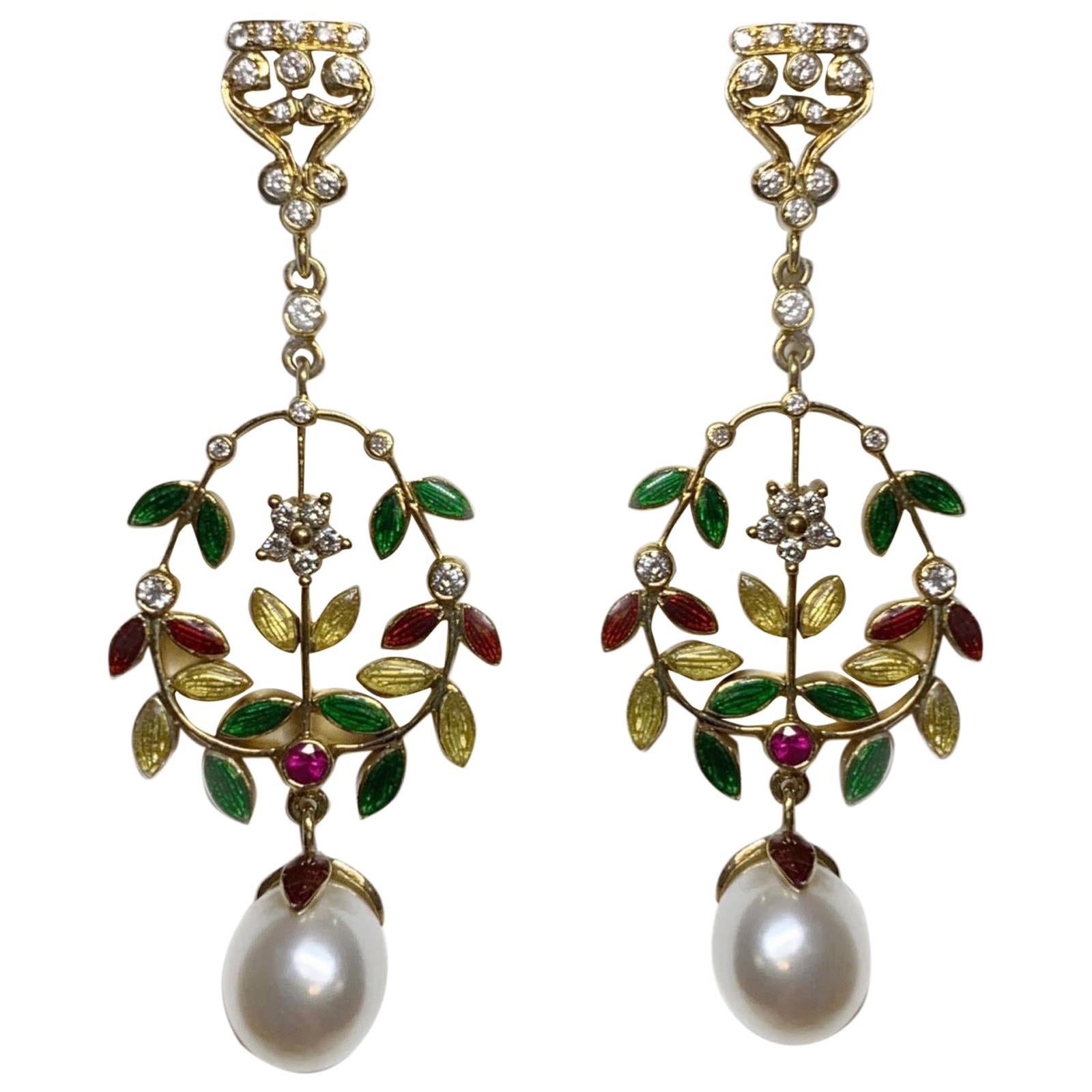 Pearl and Diamond Earrings with Red, Yellow, and Green Enamel in 18 Karat Gold For Sale