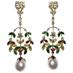 Pearl and Diamond Earrings with Red, Yellow, and Green Enamel in 18 Karat Gold