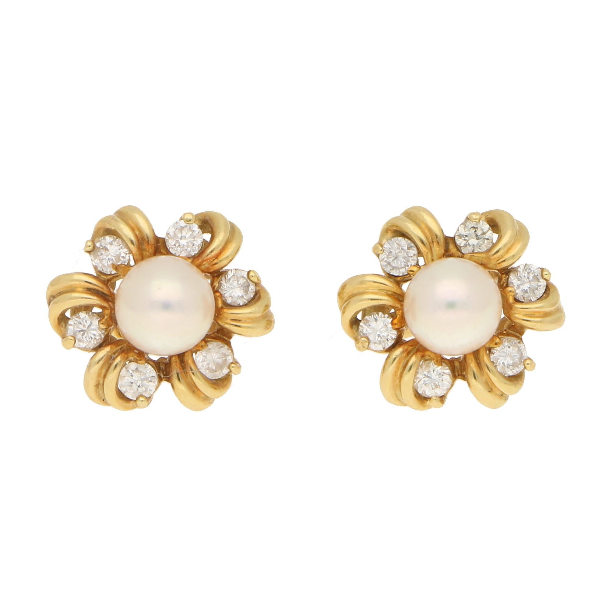 Pearl and Diamond Fancy Cluster Stud Earrings Yellow Gold at 1stDibs