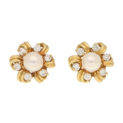 Pearl and Diamond Fancy Cluster Stud Earrings Yellow Gold
