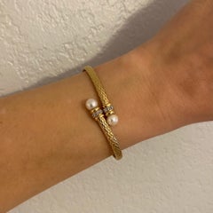 Pearl and Diamond Flexible Gold Bypass Bracelet Estate Fine Jewelry