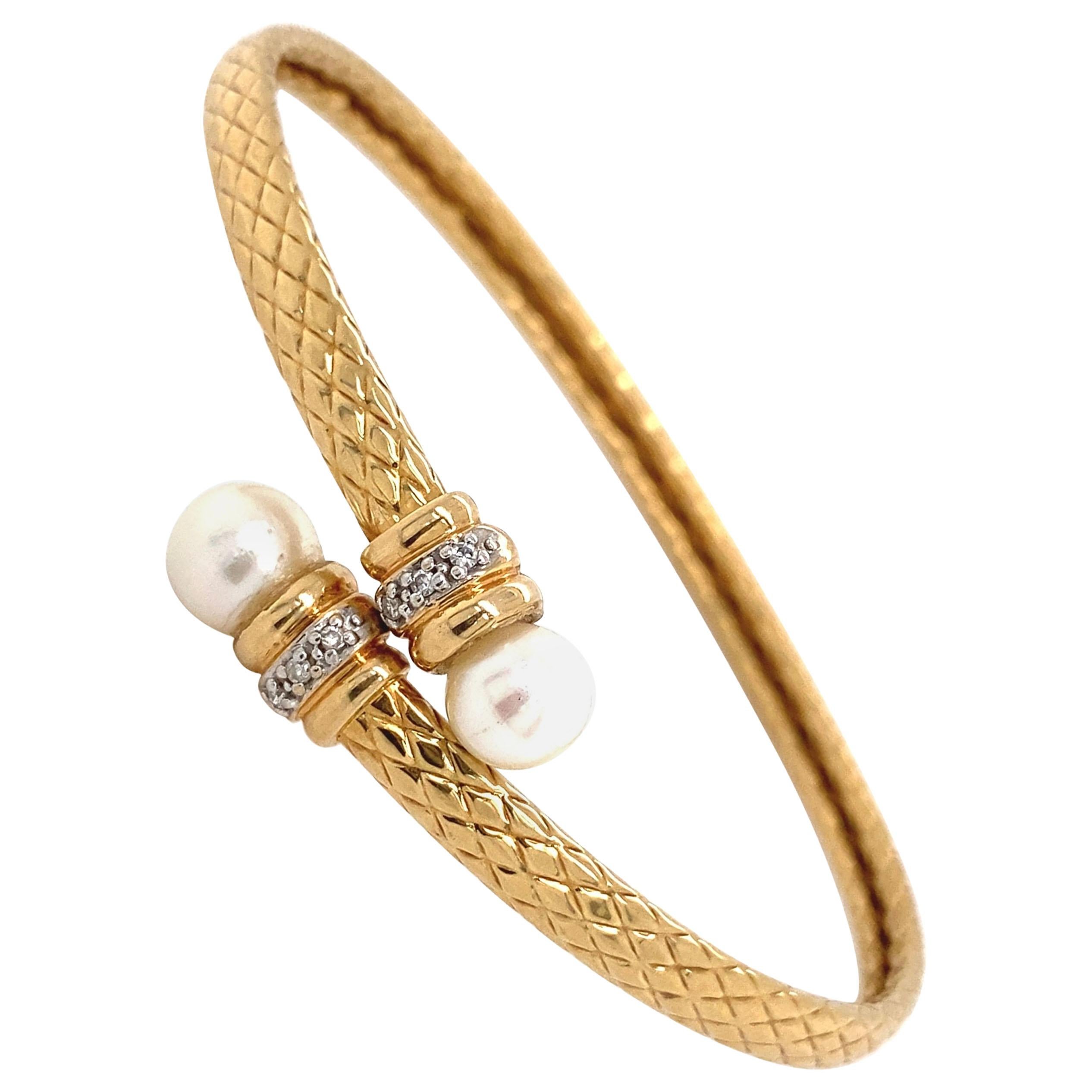 Pearl and Diamond Flexible Gold Bypass Bracelet Estate Fine Jewelry at