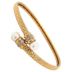 Pearl and Diamond Flexible Gold Bypass Bracelet Estate Fine Jewelry