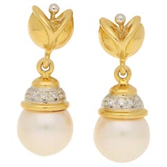 Pearl and Diamond Floral Drop Earrings in 18 Karat Yellow and White Gold