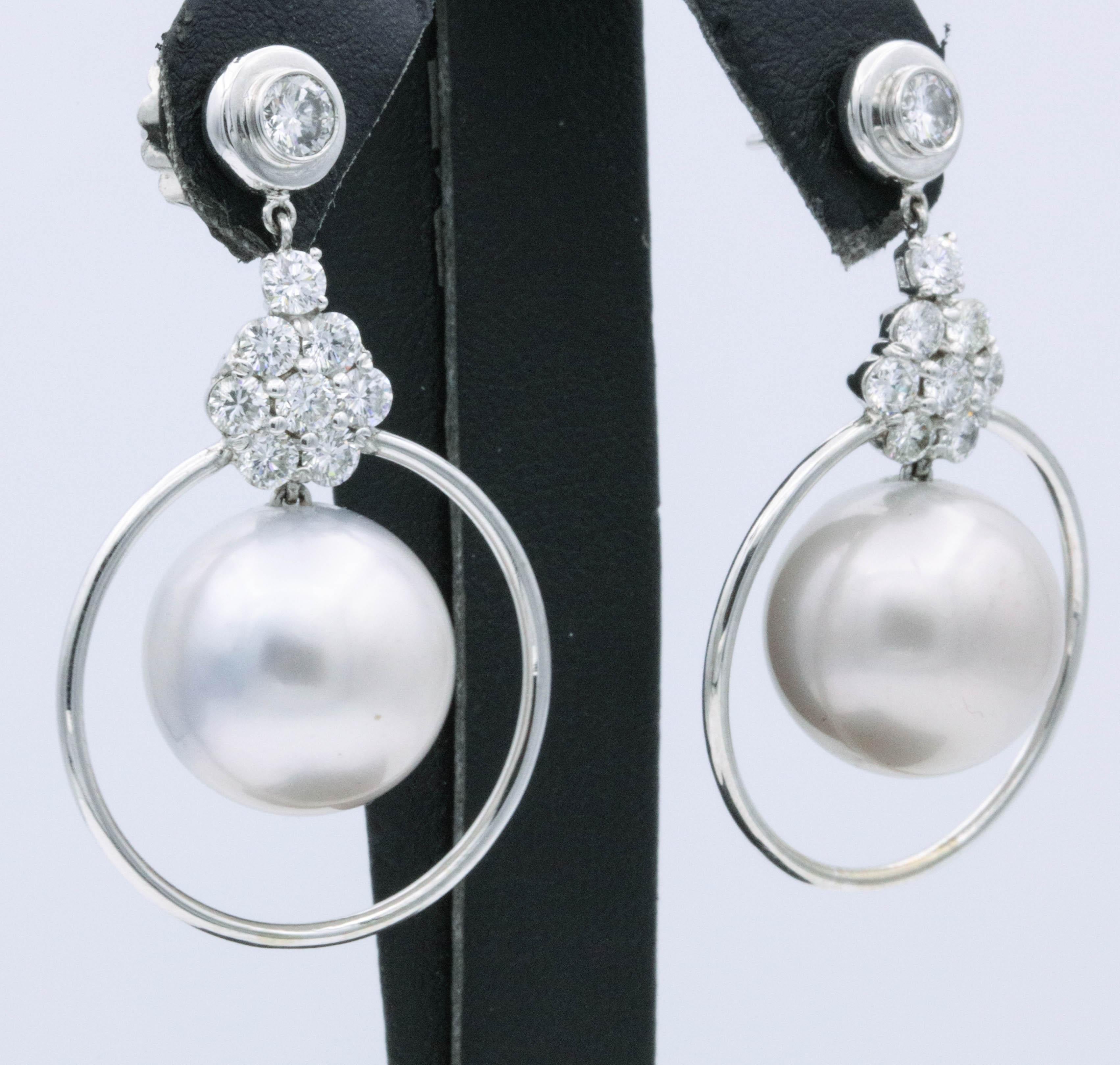 Contemporary Pearl and Diamond Floral Drop Hoop Earrings 2.21 Carat 14K White Gold For Sale