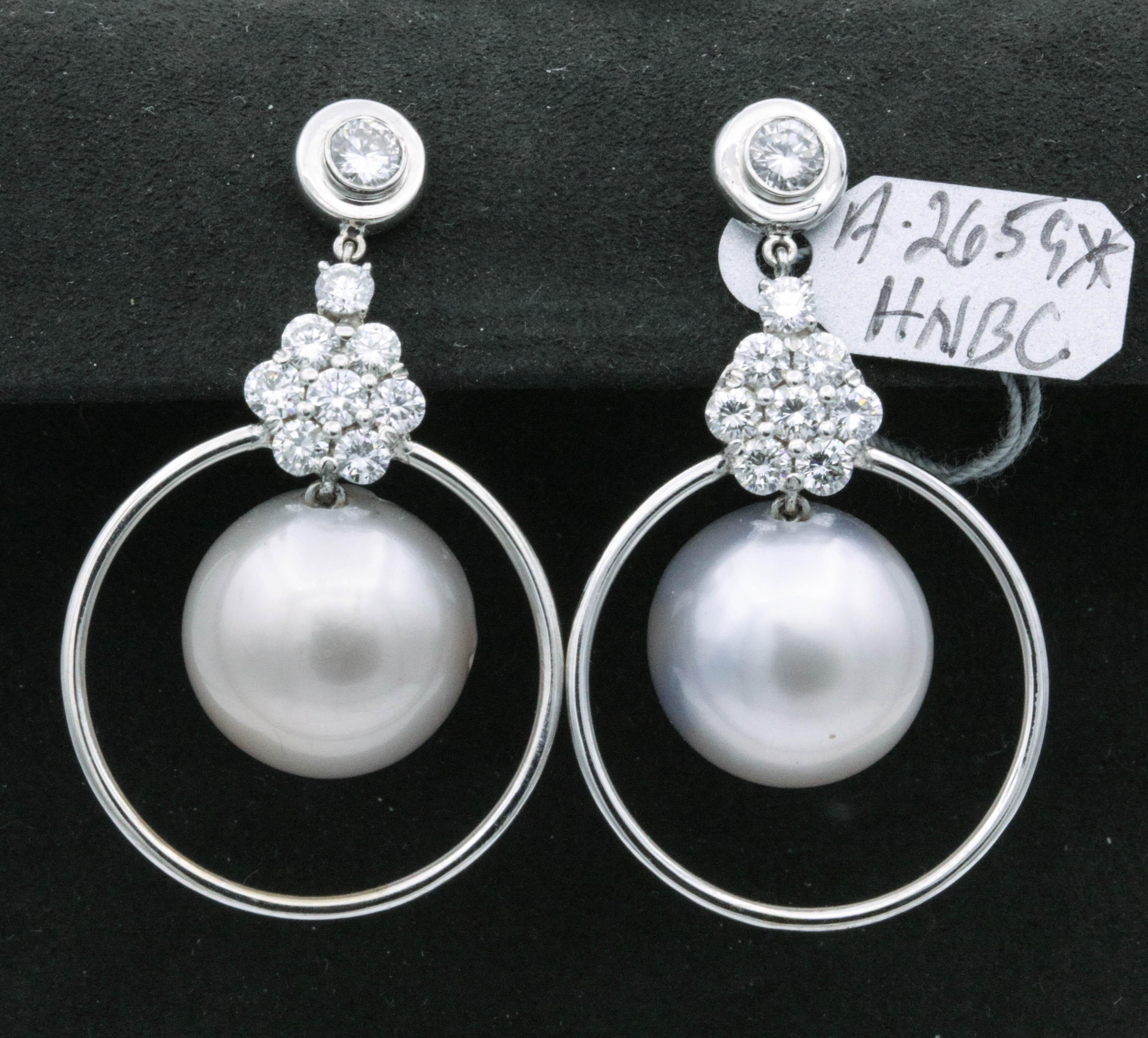 Pearl and Diamond Floral Drop Hoop Earrings 2.21 Carat 14K White Gold For Sale 1