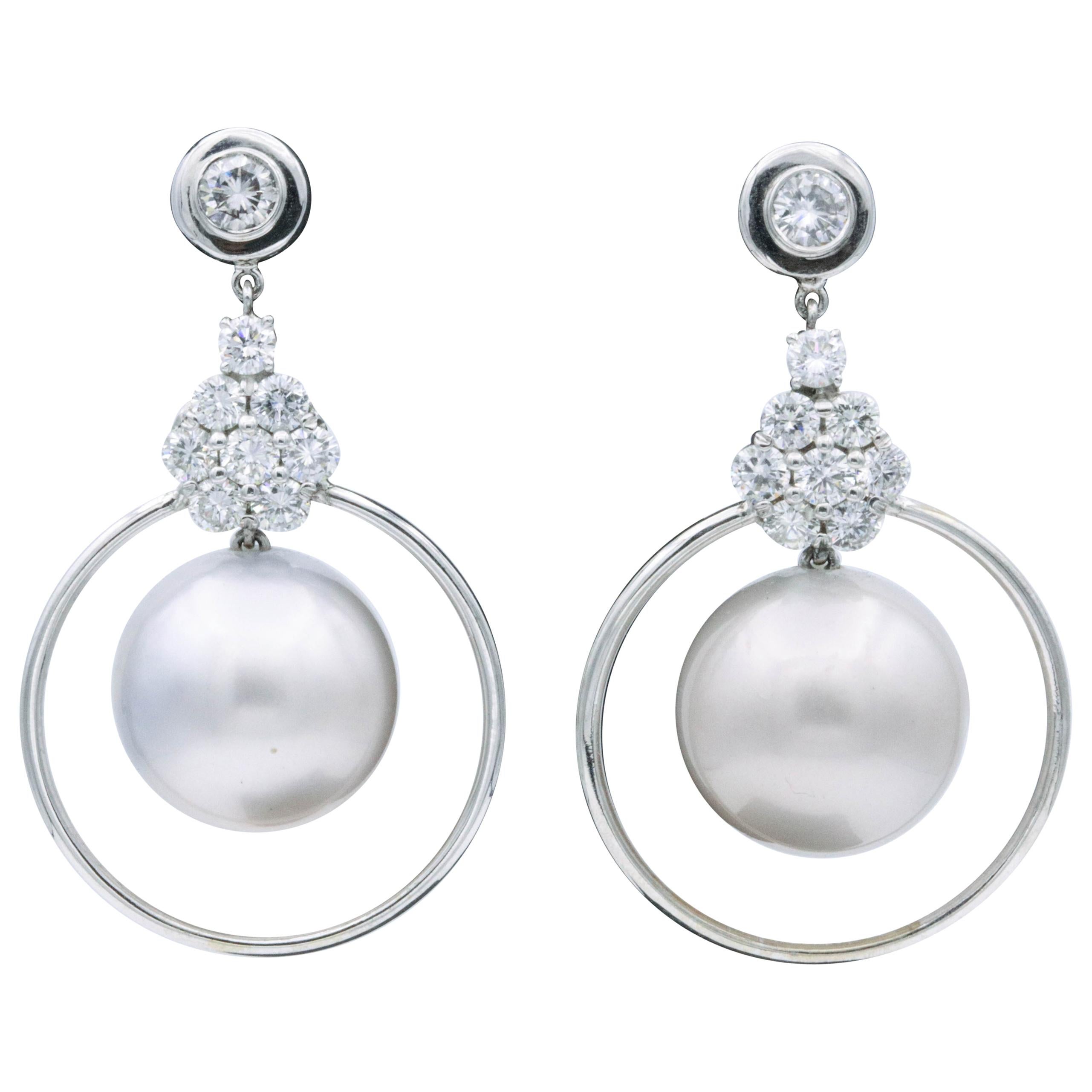 Pearl Diamond Floral Drop Hoop Earrings 2.21 Carat 14K White Gold For Sale