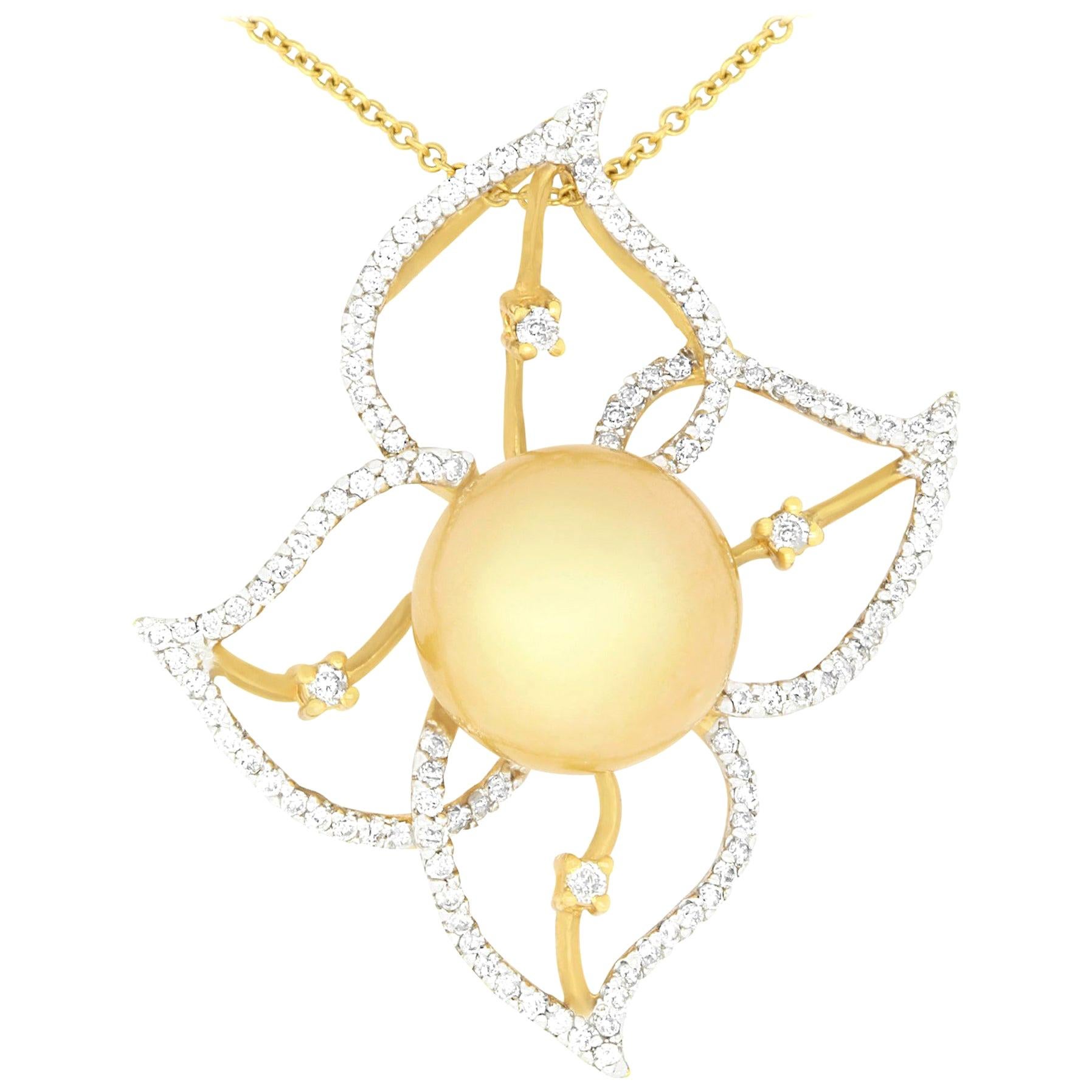 Yellow Pearl and Diamond Floral Flower Pendant Necklace 18K Yellow Gold