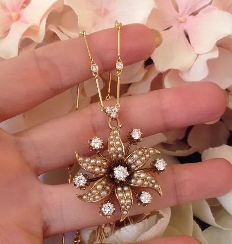 Old European Cut Pearl and Diamond Flower Pin/Pendant Necklace in 14k and 18k Yellow Gold For Sale