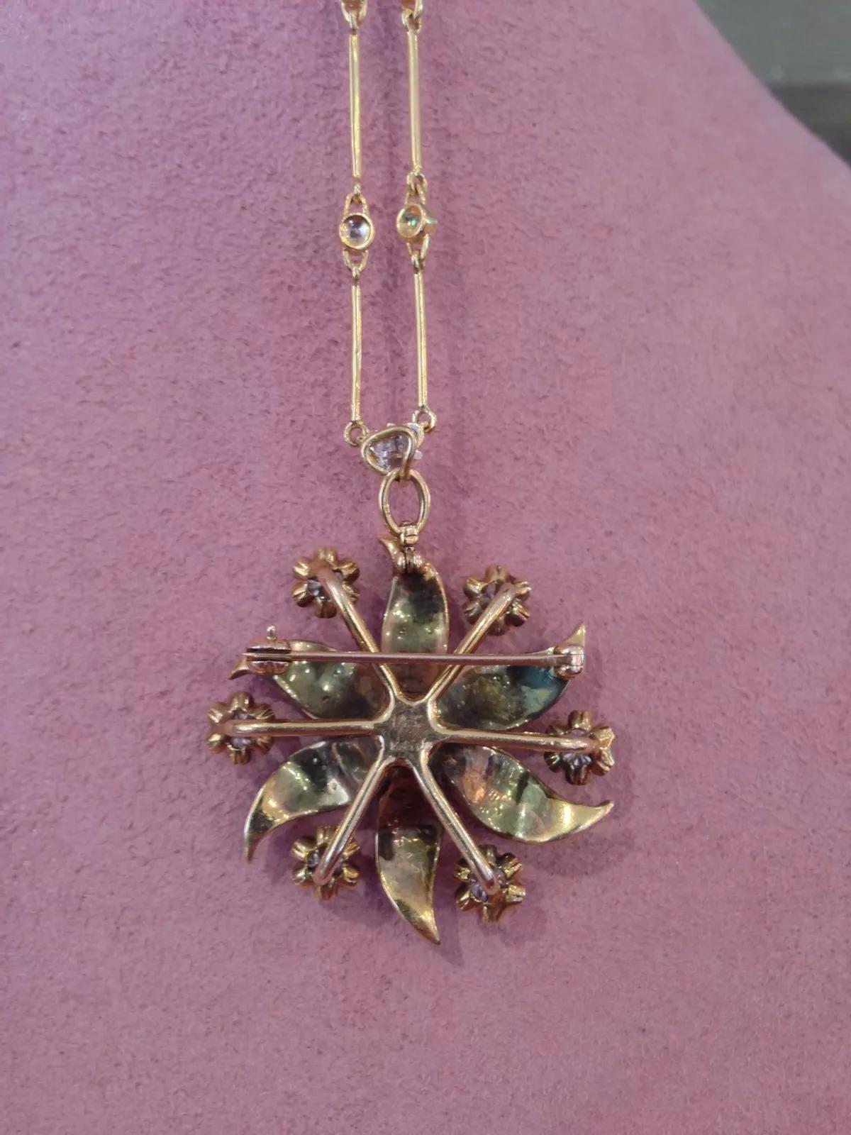 Women's Pearl and Diamond Flower Pin/Pendant Necklace in 14k and 18k Yellow Gold For Sale