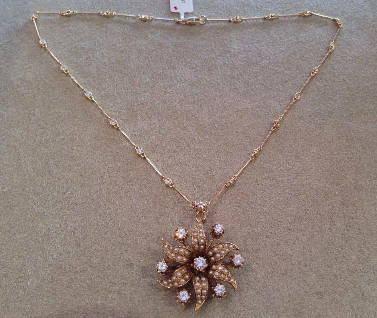 Pearl and Diamond Flower Pin/Pendant Necklace in 14k and 18k Yellow Gold For Sale 1
