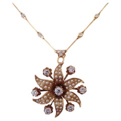 Pearl and Diamond Flower Pin/Pendant Necklace in 14k and 18k Yellow Gold
