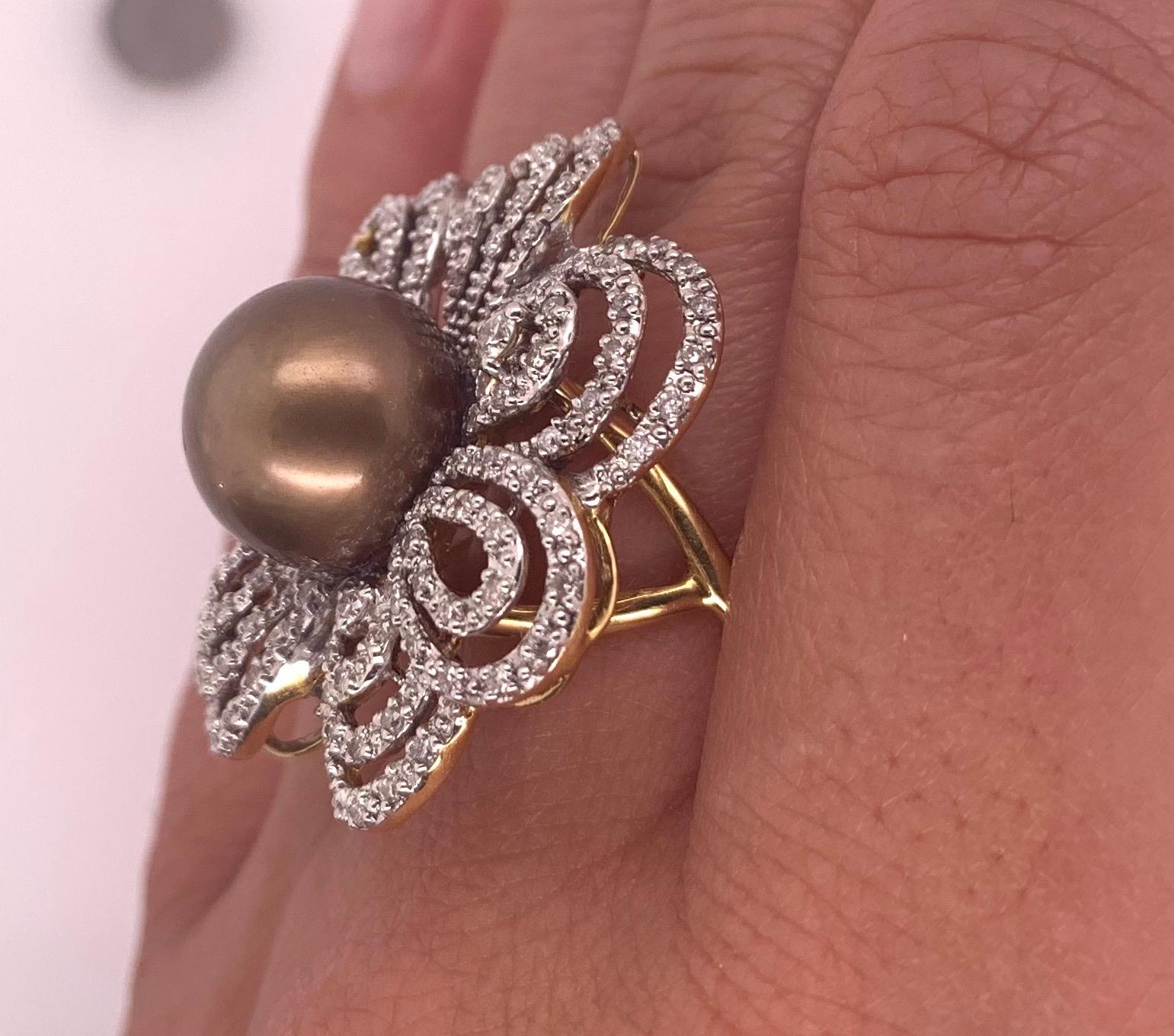 Contemporary Pearl and Diamond Flower Ring