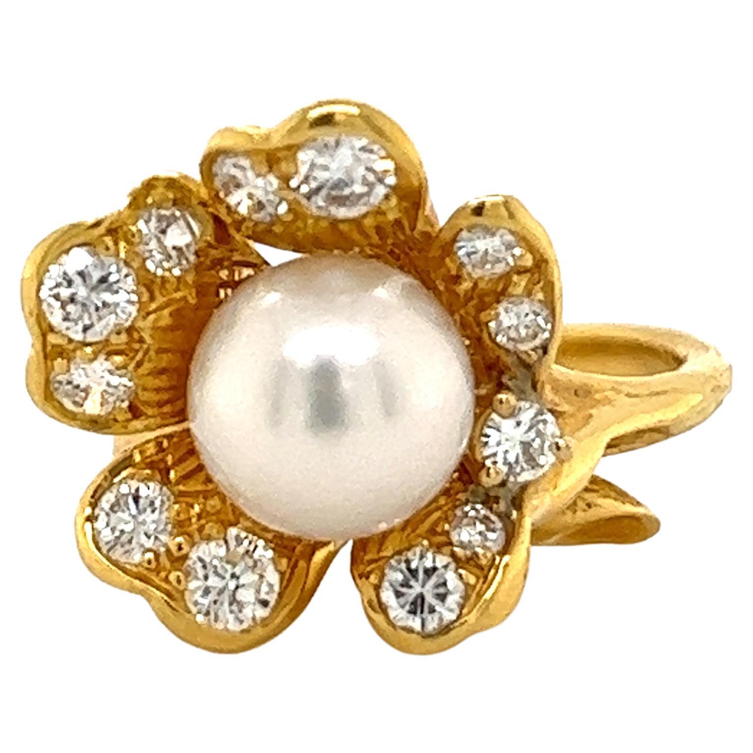 Pearl and Diamond Flower Ring For Sale