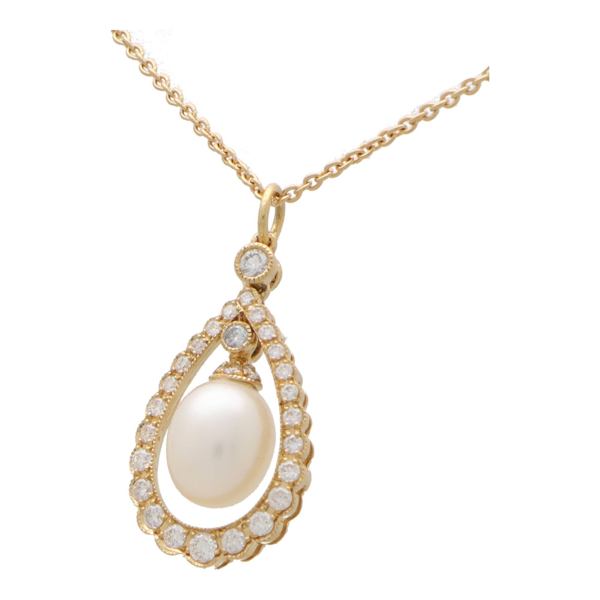 Modern Pearl and Diamond Garland Pendant Necklace in 18k Yellow Gold For Sale