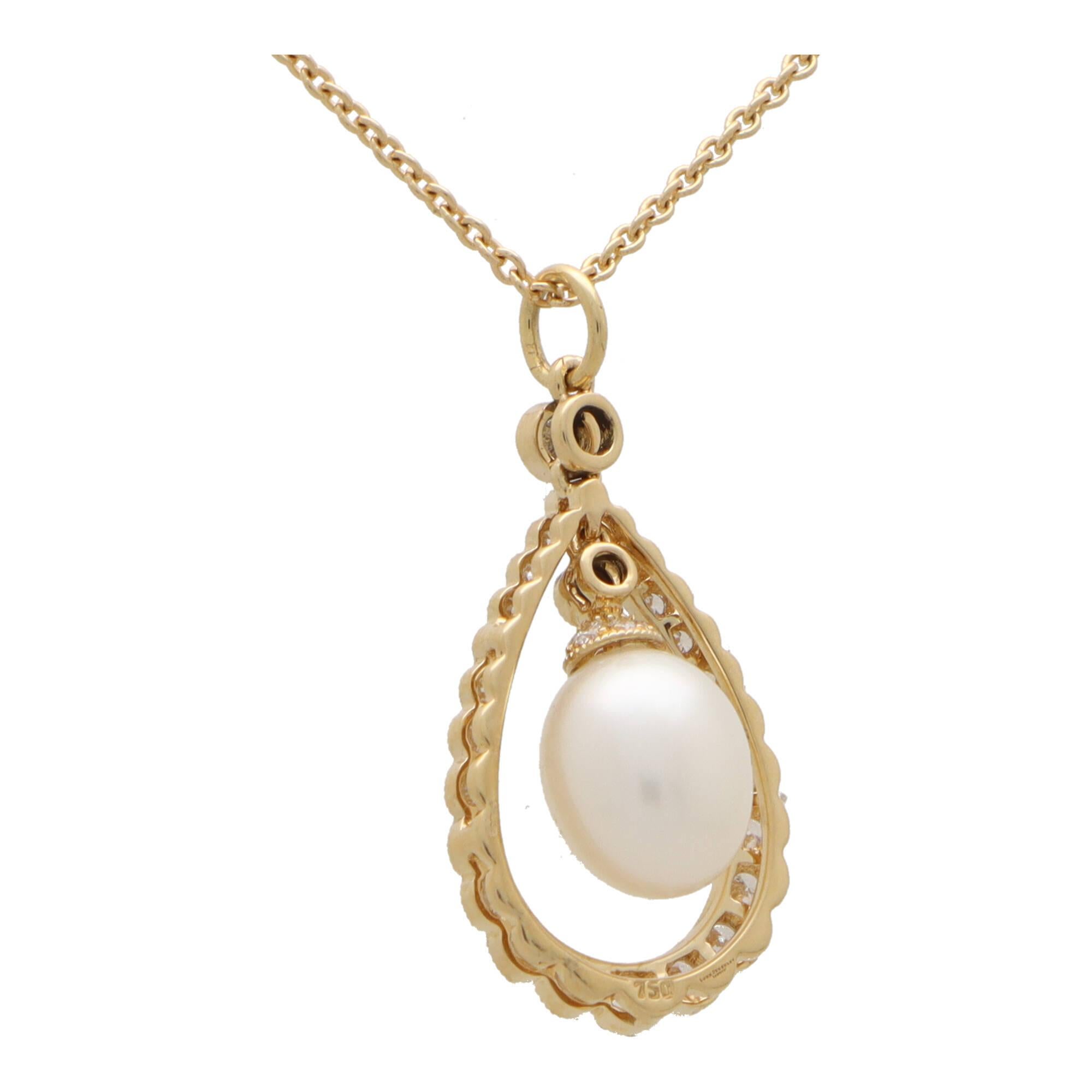 Round Cut Pearl and Diamond Garland Pendant Necklace in 18k Yellow Gold For Sale