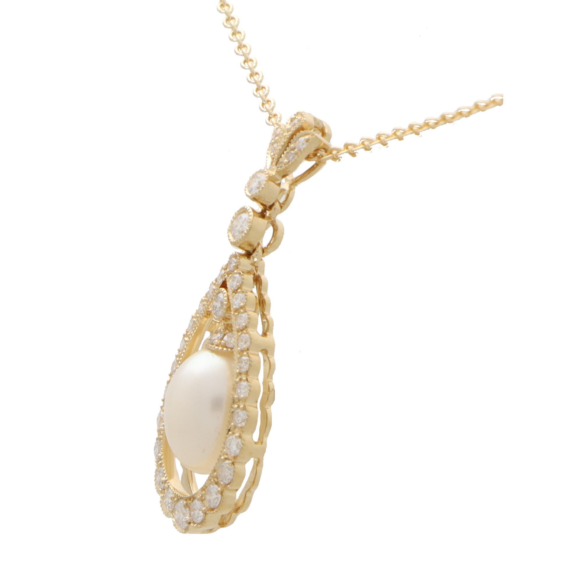 Modern  Pearl and Diamond Garland Pendant Necklace Set in 18k Yellow Gold For Sale