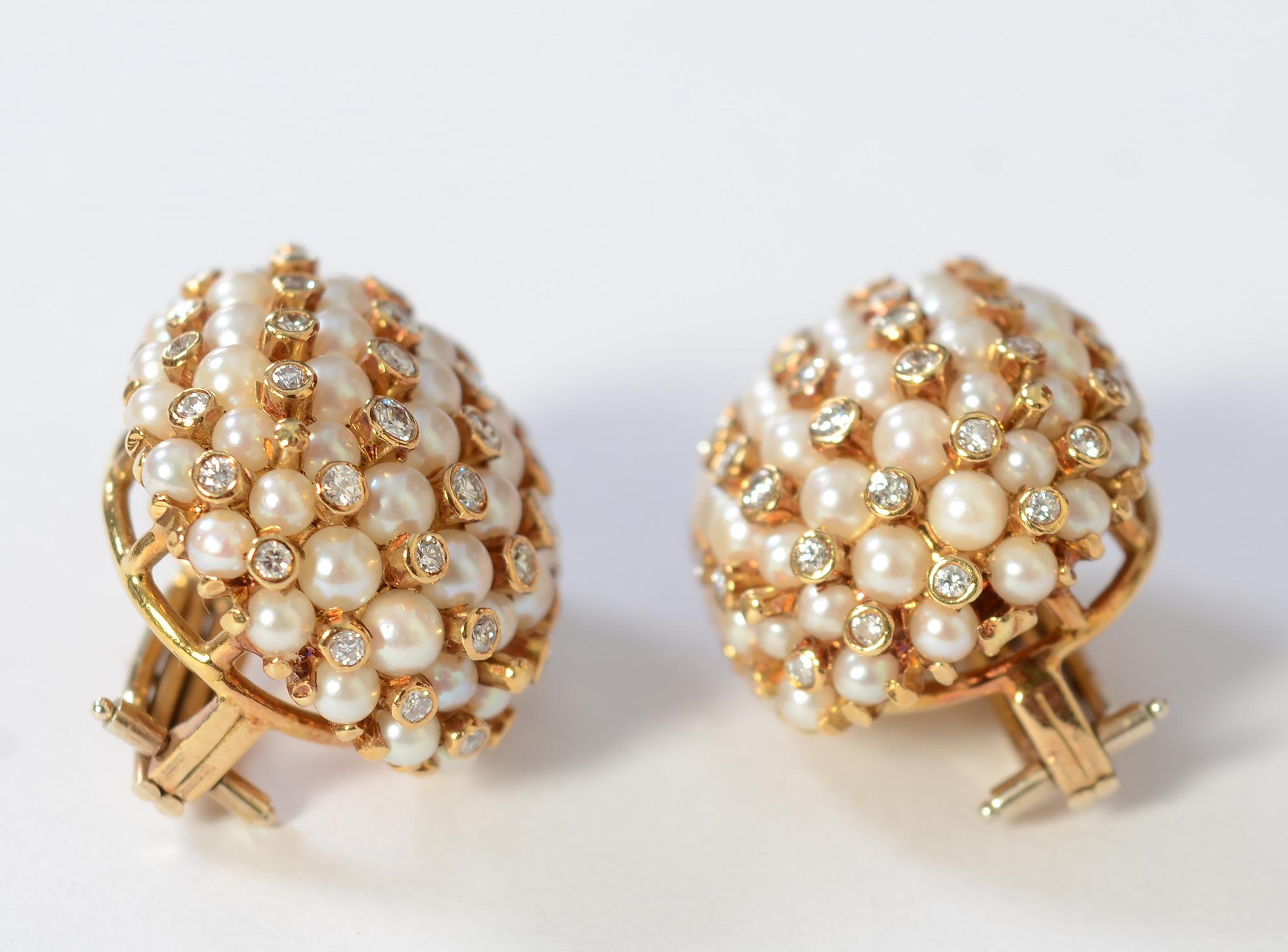 Retro Pearl and Diamond Gold Earrings For Sale