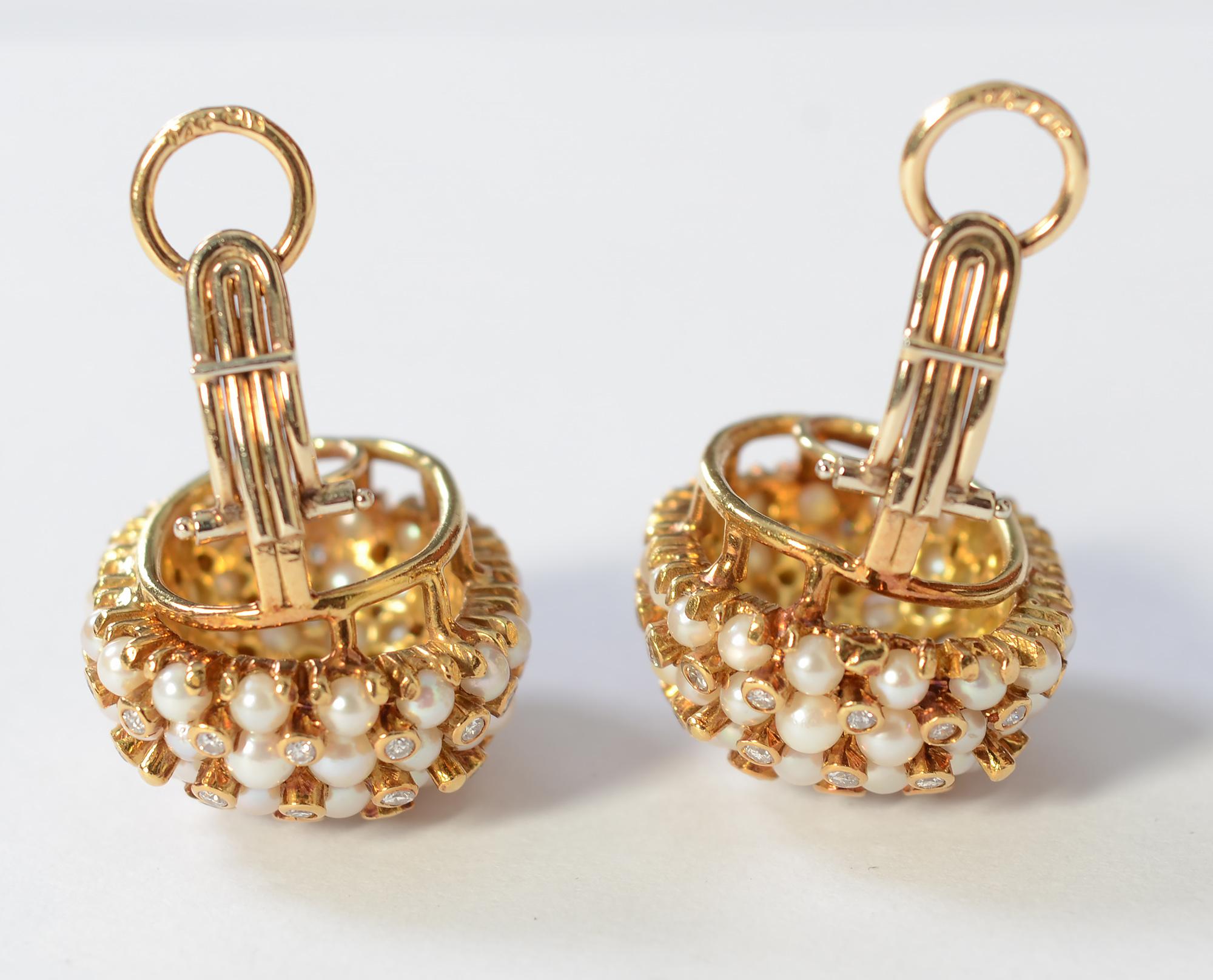 Women's Pearl and Diamond Gold Earrings For Sale