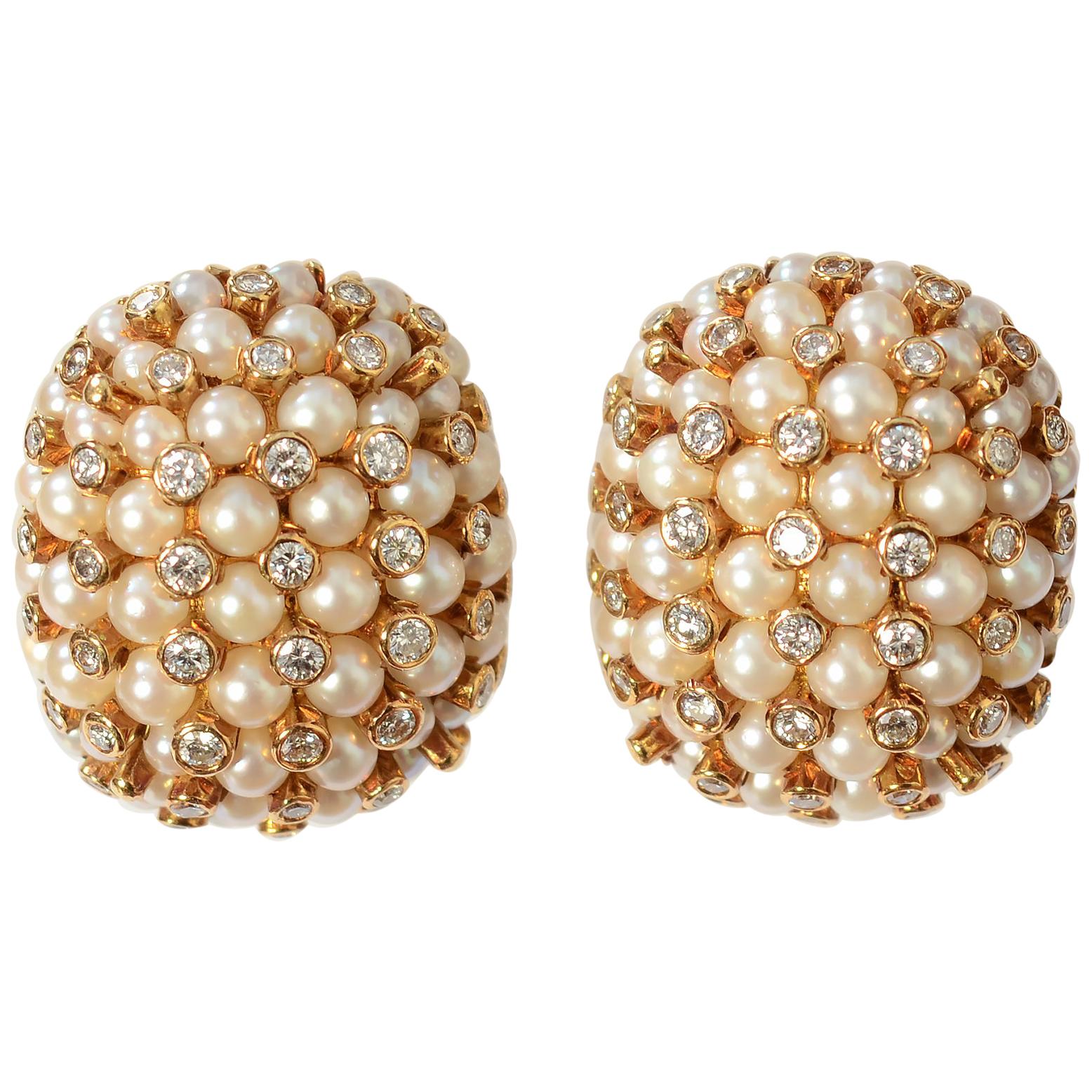 Pearl and Diamond Gold Earrings For Sale