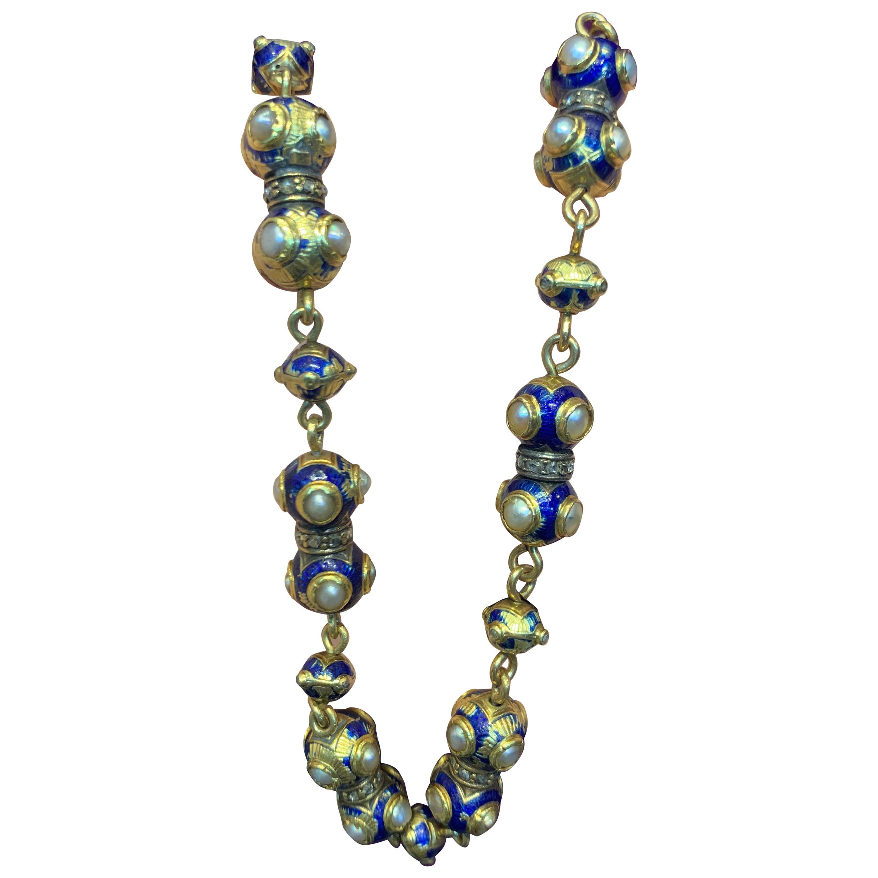 Gold-Halskette mit Perlen und Diamanten im Angebot