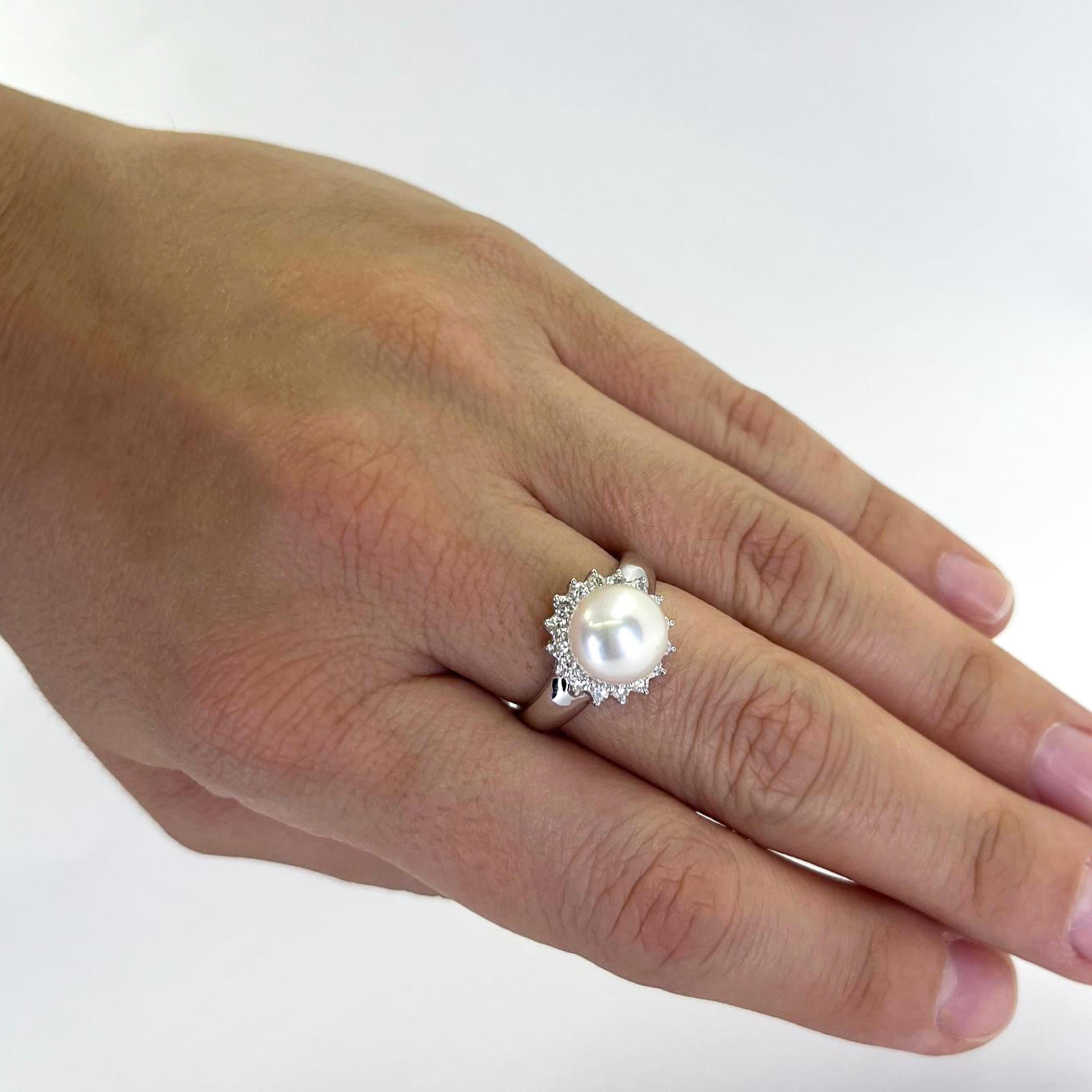 14 Karat White Gold 9mm Cultured Pearl Ring Featuring 16 Round Brilliant Cut Diamonds of SI Clarity and H Color Totaling Approximately 0.25 Carats. Finger Size 7.25. Includes One Sizing Service Prior to Shipping, Upon Request. Finished Weight is 4.4