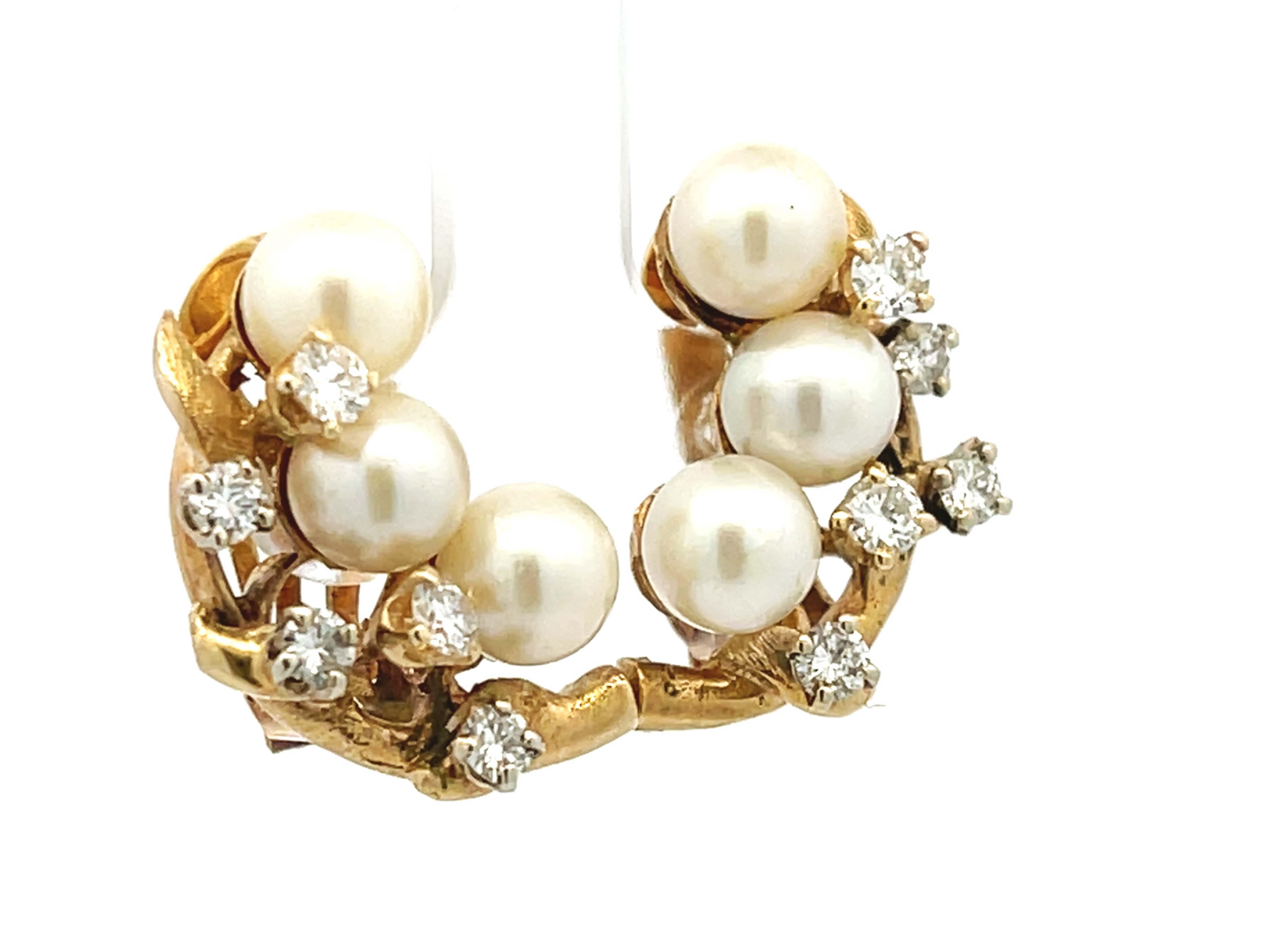 Perlen und Diamanten Leaf Branch Ohrringe aus 14K Gelbgold (Moderne) im Angebot