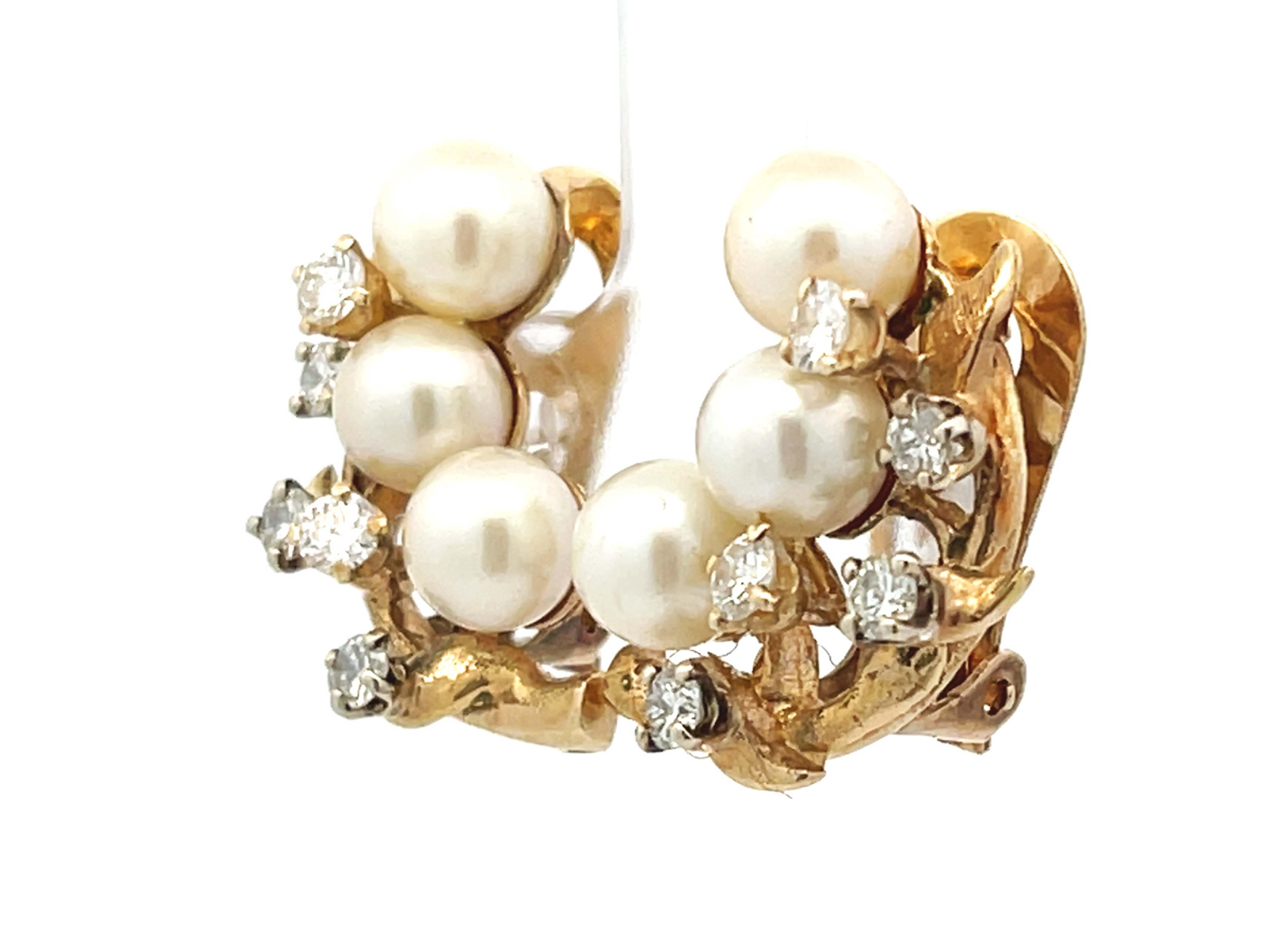 Brilliant Cut Pearl and Diamond Leaf Branch Earrings in 14k Yellow Gold For Sale
