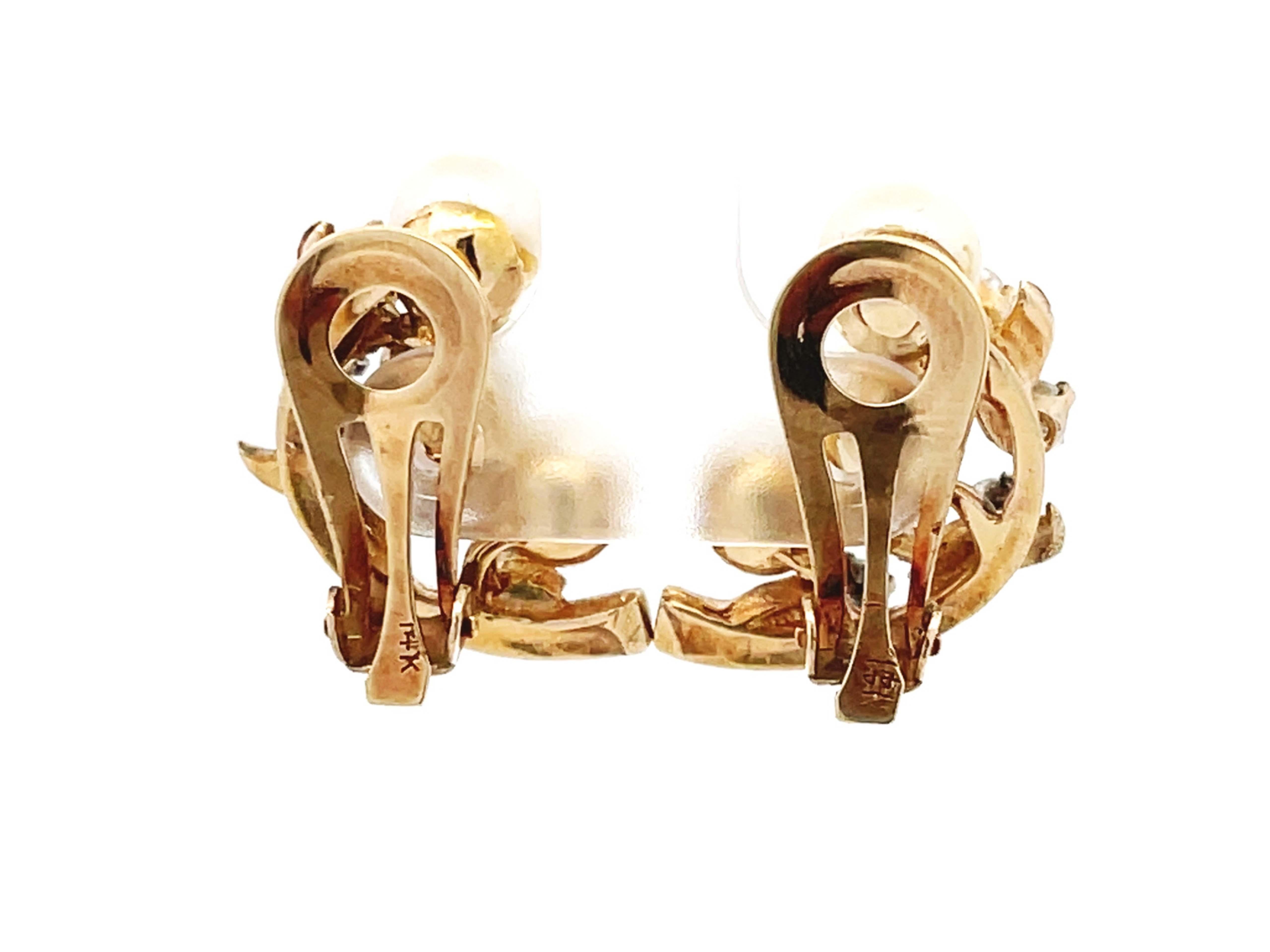 Pearl and Diamond Leaf Branch Earrings in 14k Yellow Gold For Sale 1