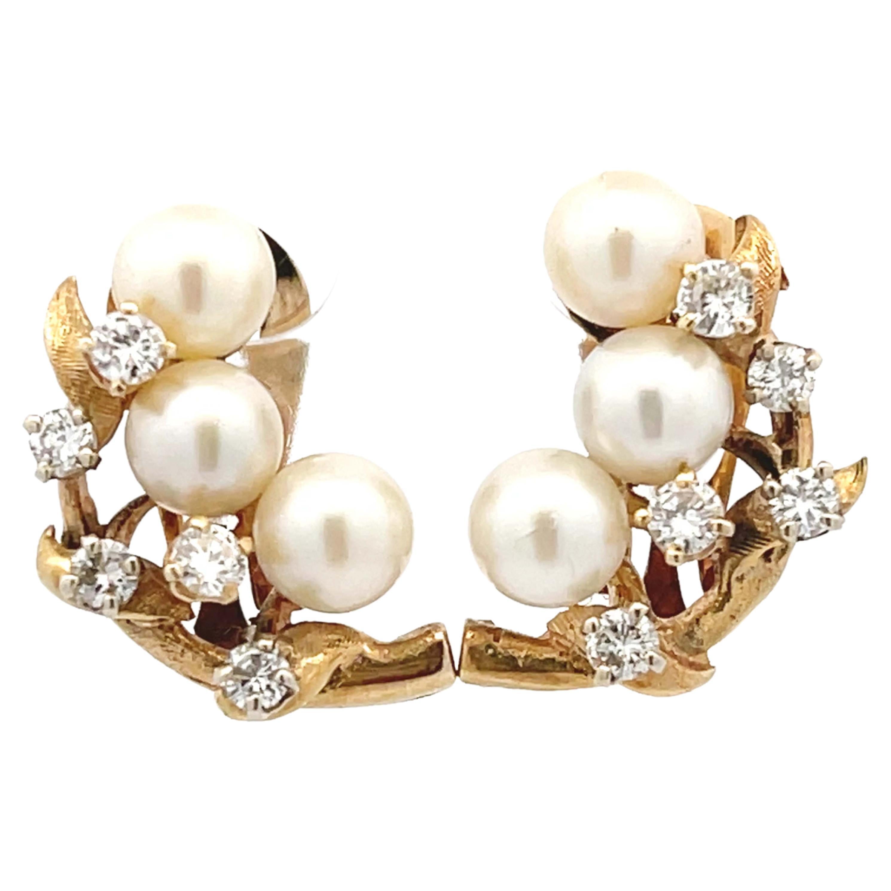 Boucles d'oreilles en or jaune 14K avec perles et diamants en forme de branches de feuilles