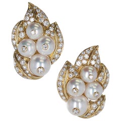 Pearl and Diamond Leaf-Style Cocktail Earrings, 18 Karat Yellow Gold