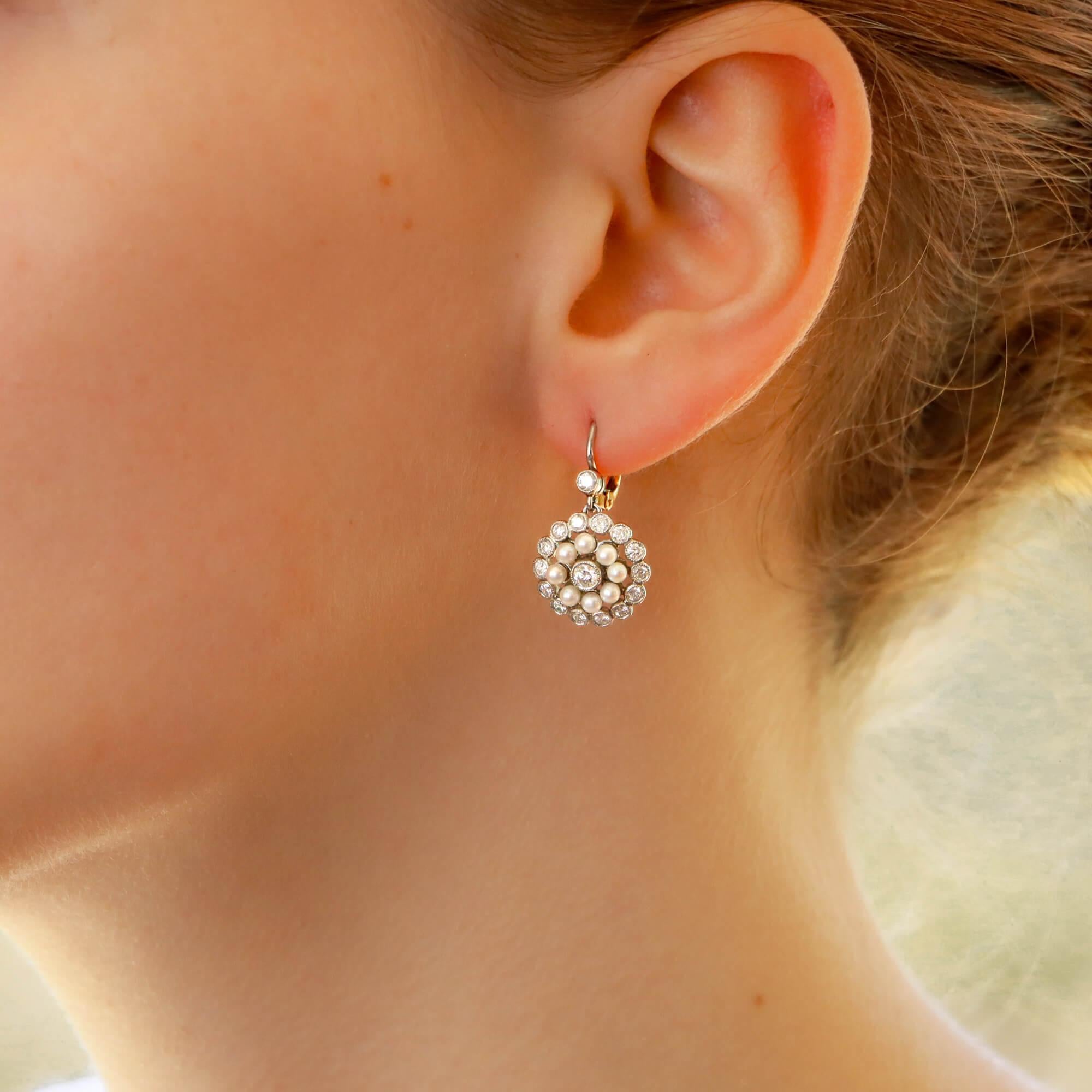 Modern Pearl and Diamond Lever-Back Cluster Drop Earrings Set in 18 Karat Gold