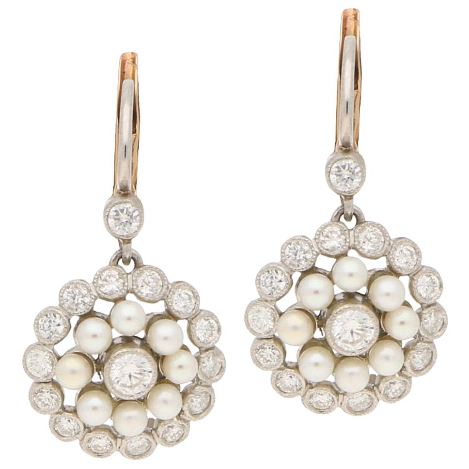 Pearl and Diamond Lever-Back Cluster Drop Earrings Set in 18 Karat Gold