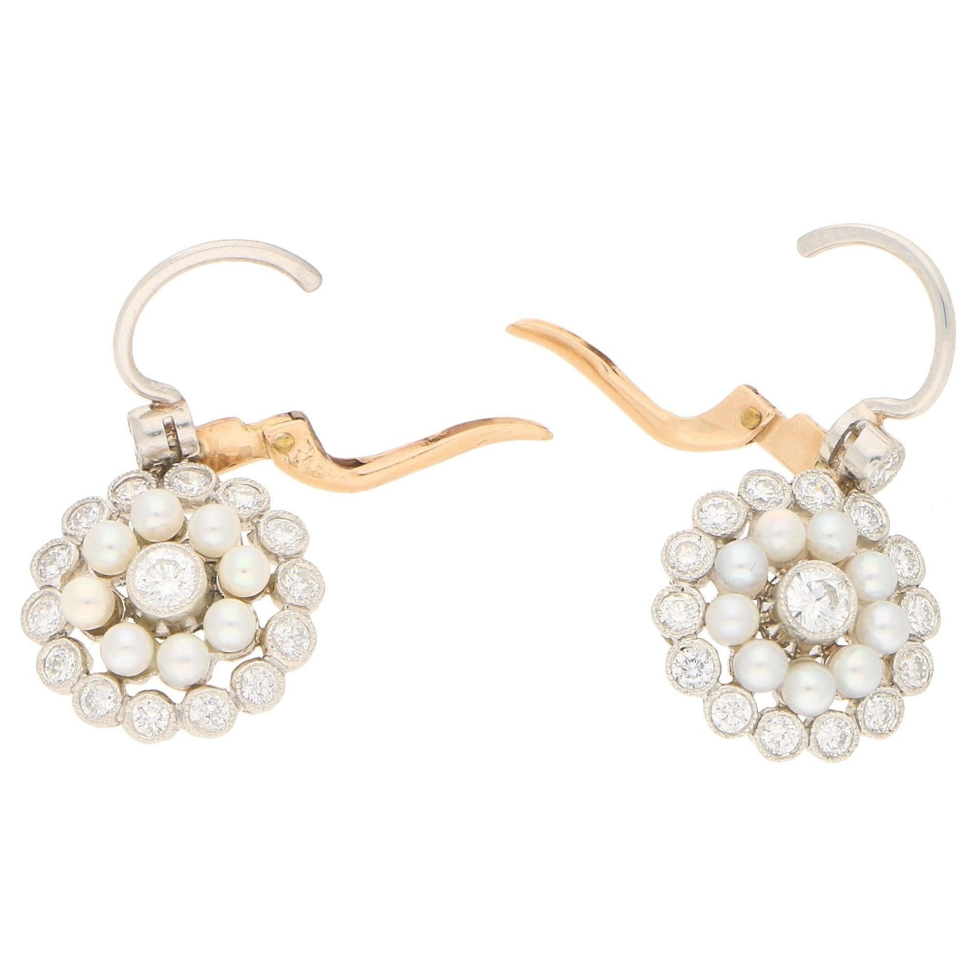 Round Cut Pearl and Diamond Lever-Back Cluster Drop Earrings Set in 18 Karat Gold