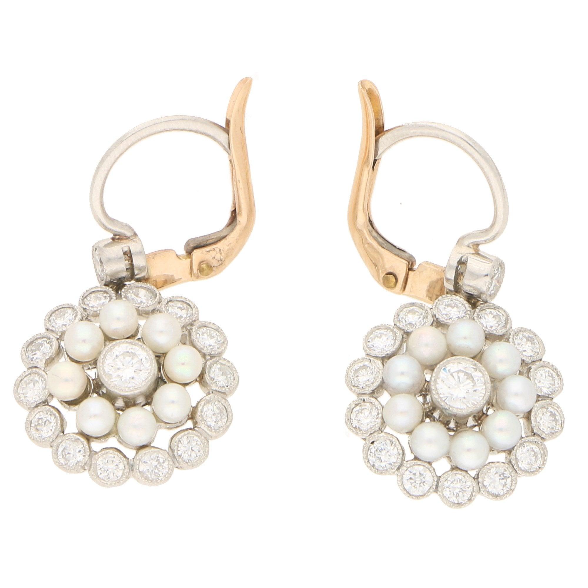 Women's or Men's Pearl and Diamond Lever-Back Cluster Drop Earrings Set in 18 Karat Gold