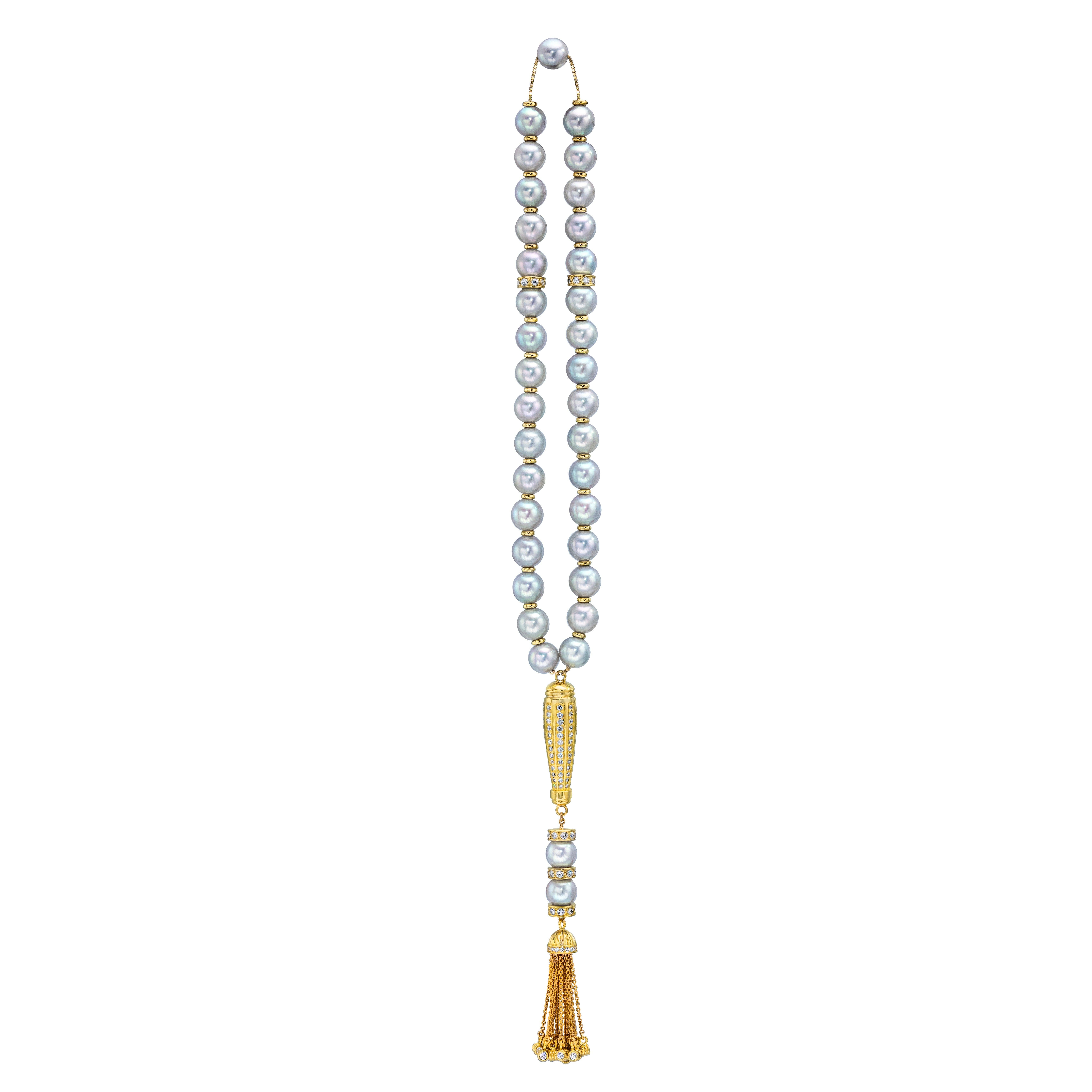 Beautiful Prayer Beads for the traditional and stylish man.
Consists of 33 Akoya Light Gray Pearls. Very hard to find Color.
Set in 18 Karat Yellow Gold with 201 Round Brilliant Diamonds weighing 2.51 Carats.
Made the Traditional way with Tassels.
