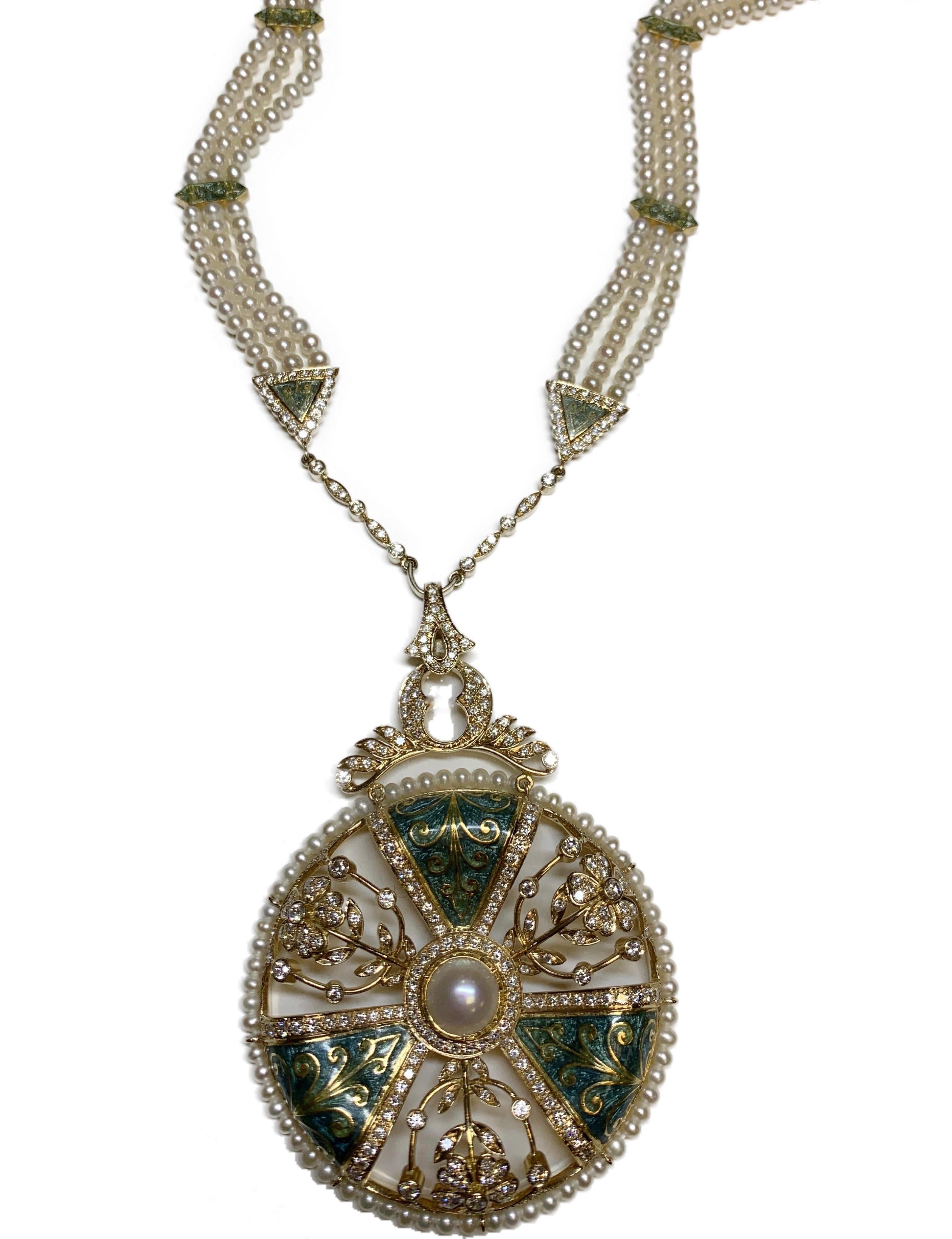This beautiful necklace has 303 Diamonds weighing a total of 3.19 carats. This Diamond, Pearl, and Enamel necklace is both elegant and eye catching at the same time. 
Pearl, Diamond, and Mint Green Enamel Necklace
18 Karat Yellow Gold
White Diamonds