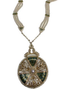 Pearl and Diamond Mint Green Enamel Necklace in 18 Karat Gold