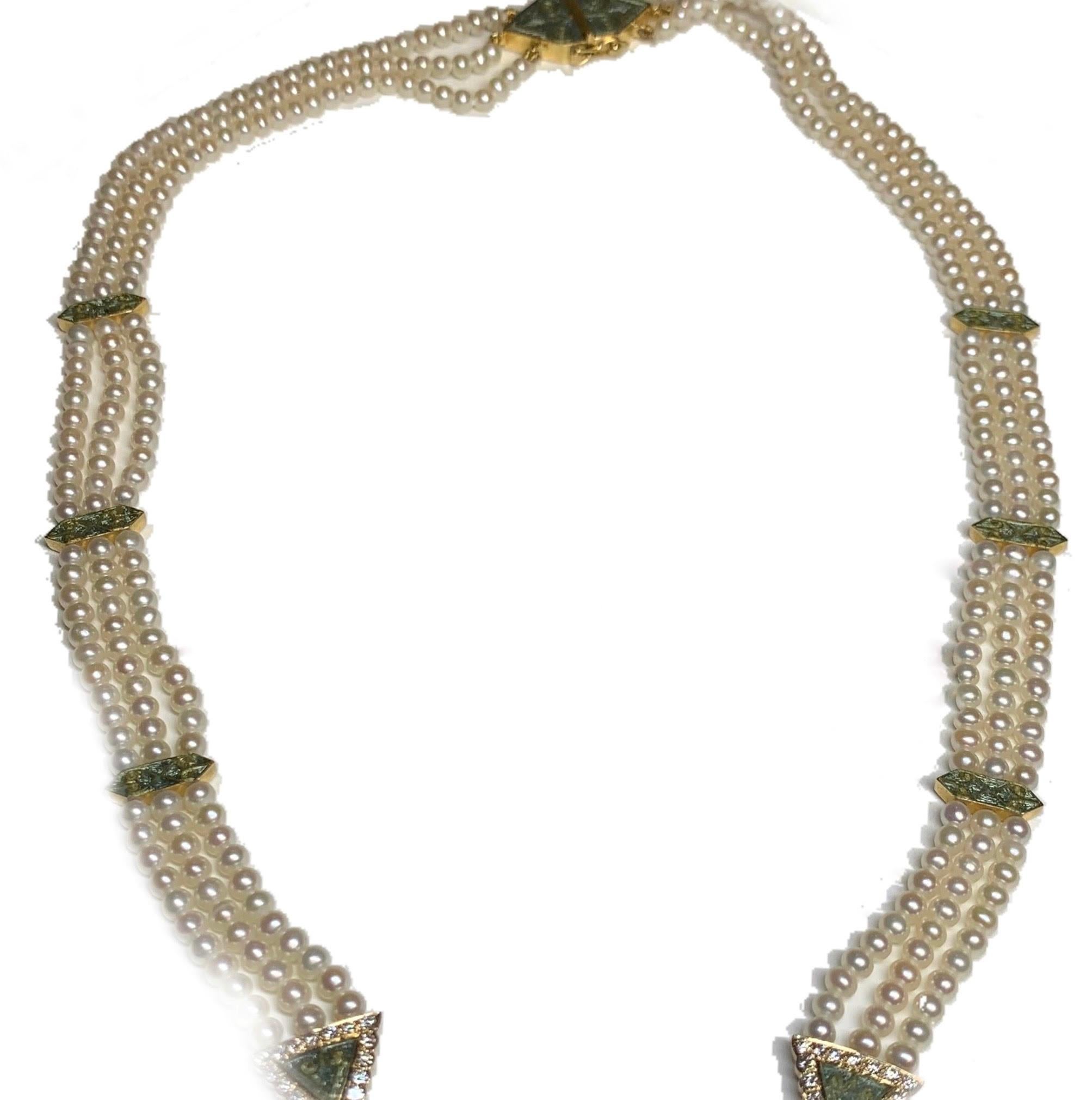 Art Deco Pearl and Diamond Mint Green Enamel Necklace in 18 Karat Gold For Sale