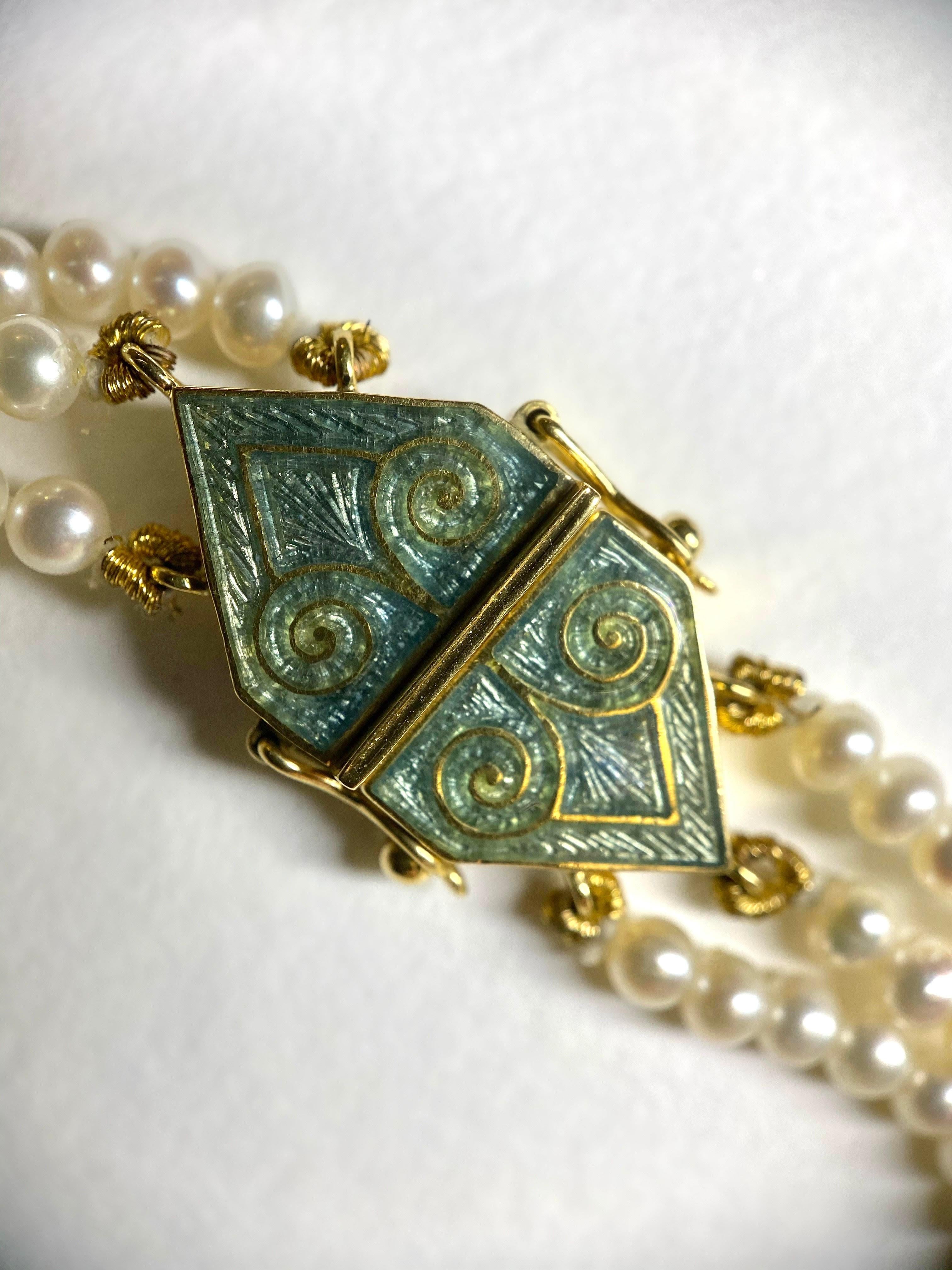 Women's Pearl and Diamond Mint Green Enamel Necklace in 18 Karat Gold For Sale