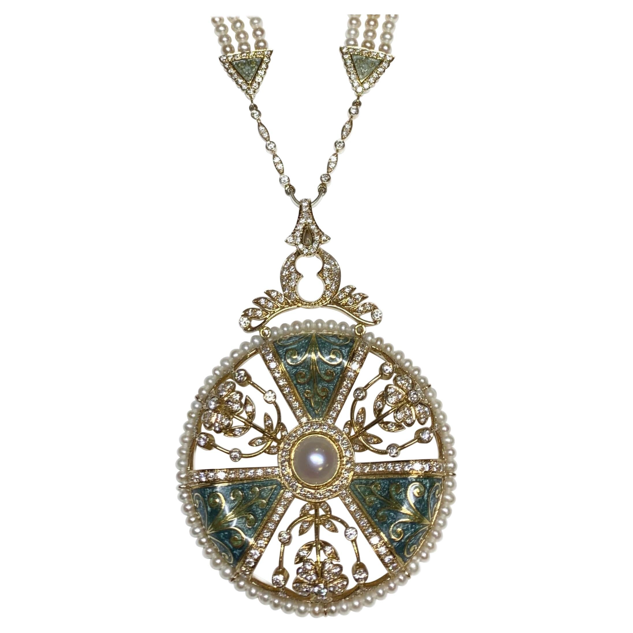 Pearl and Diamond Mint Green Enamel Necklace in 18 Karat Gold For Sale