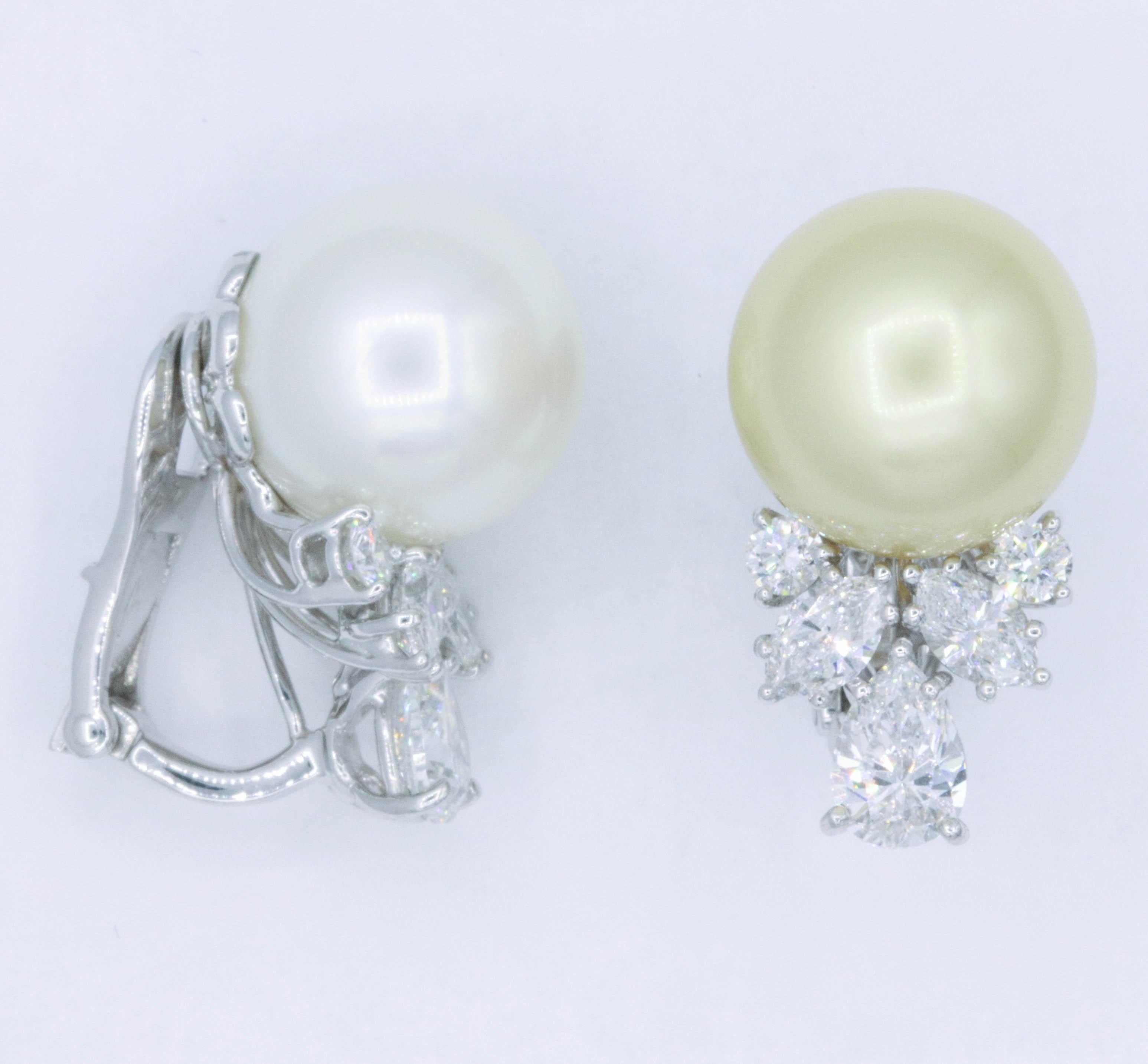 Marquise Cut Pearl and Diamond 'Mismatch' Earrings 1.39 Carat Platinum For Sale