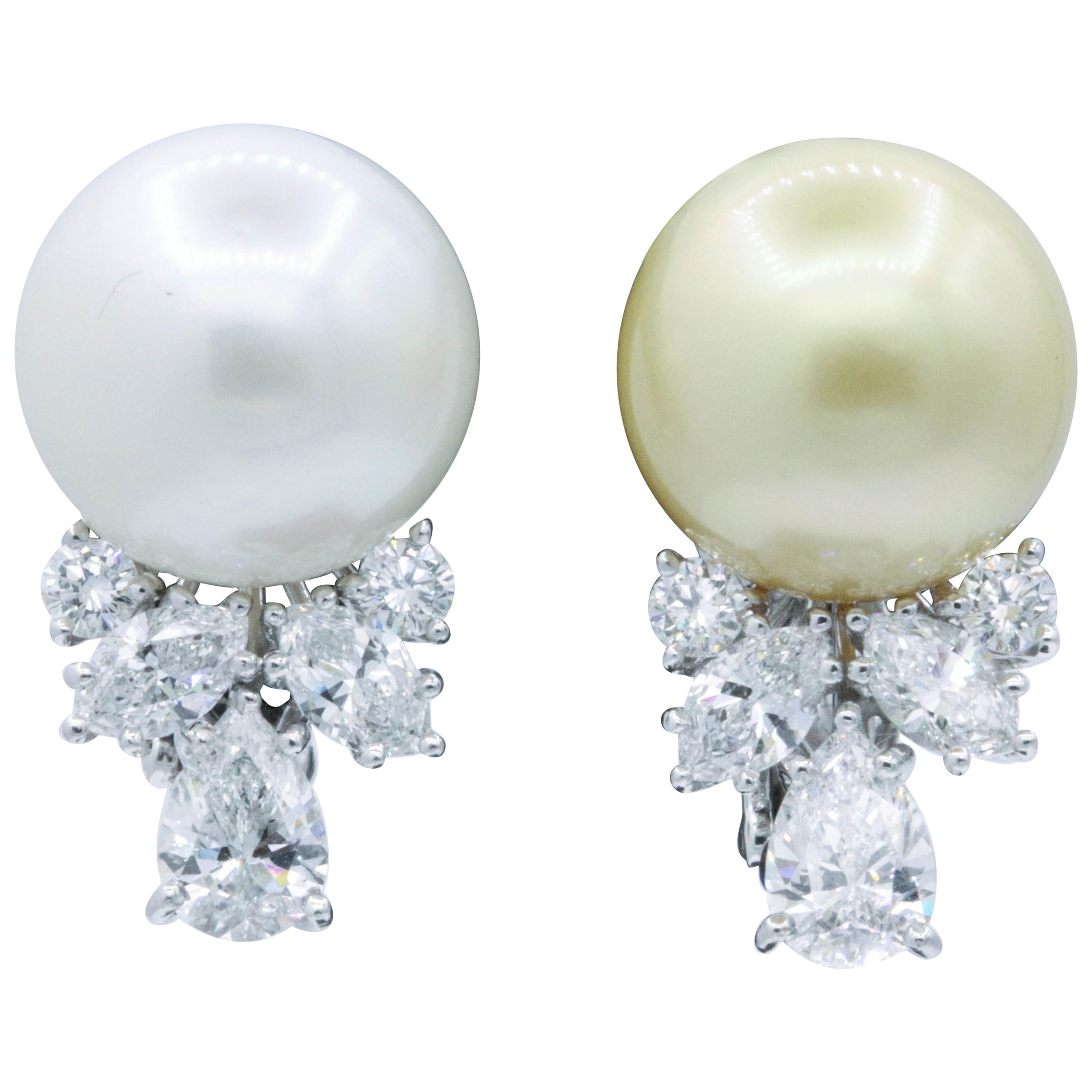 Pearl and Diamond 'Mismatch' Earrings 1.39 Carat Platinum For Sale